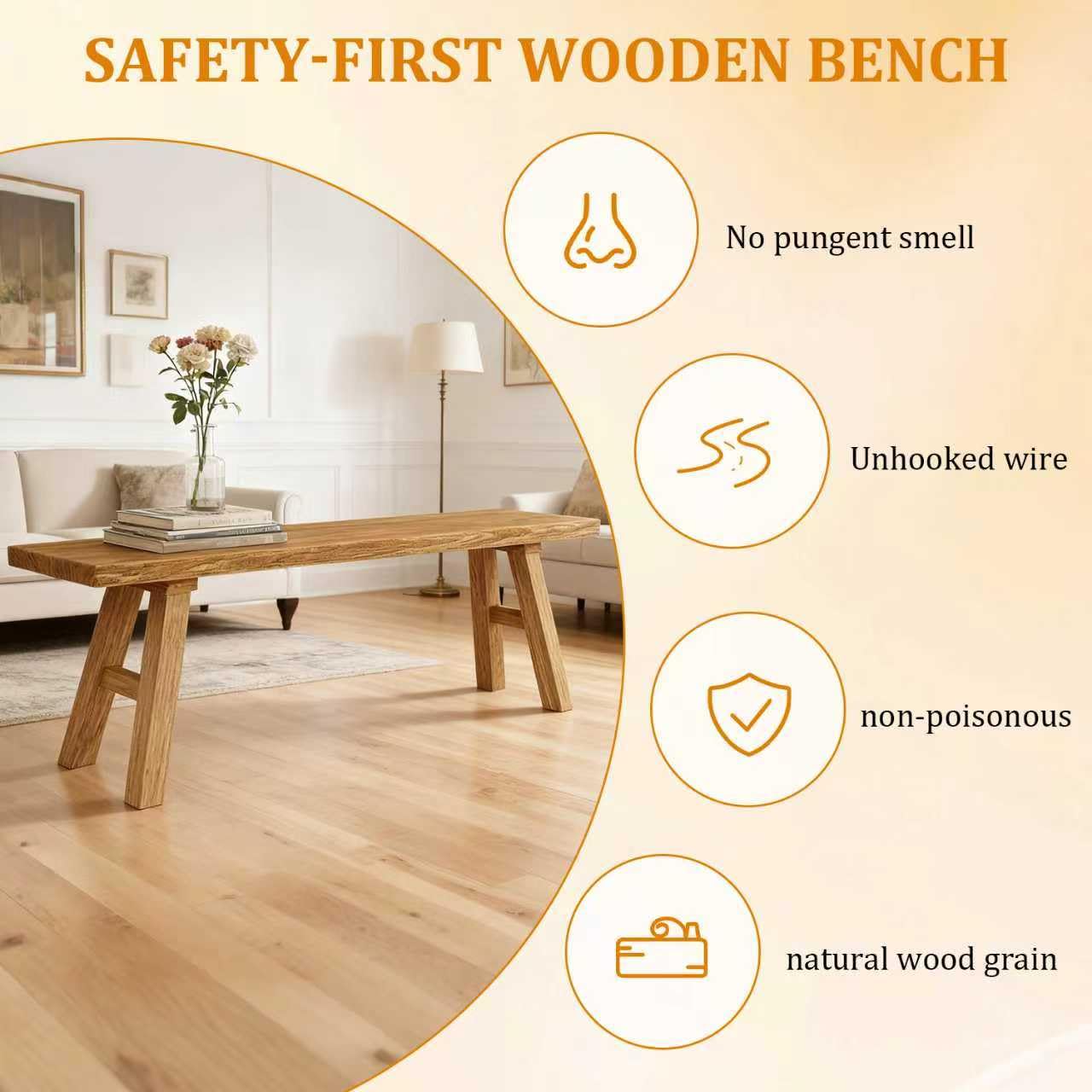 BTUASSDY Solid Wood Entryway Bench - Rustic Elm Farmhouse Dining Bench for Hallway, Bedroom, Kitchen - 2-Person Seating, Natural Wood Finish
