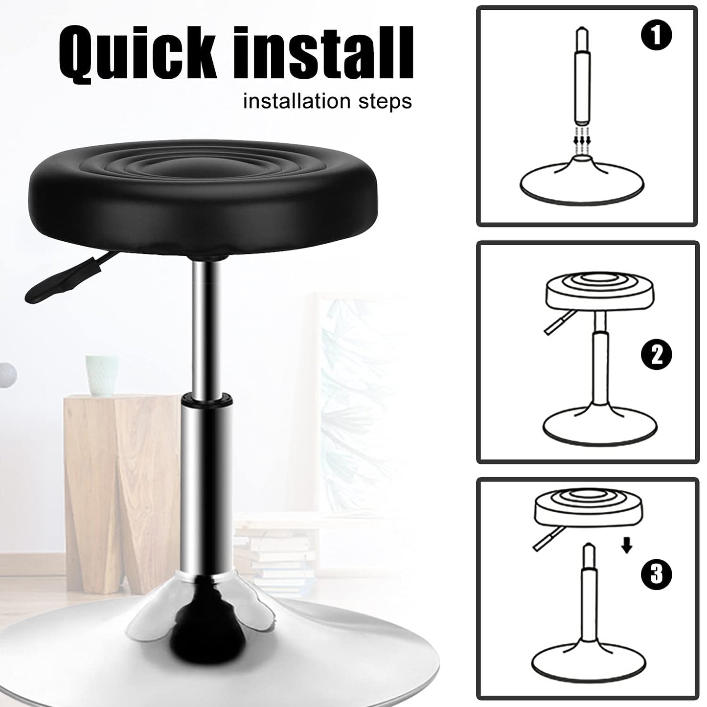 QiCheng & LYS Round Office Stool - Adjustable Height Sit Stand, 360 Swivel, for Office, Home, Kitchen - Black (Pack of 2)