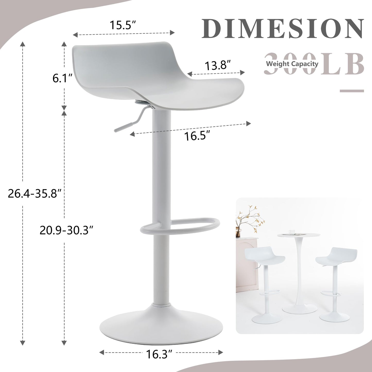 YOUNIKE White Adjustable Height Bar Stools Set of 2 Plastic Swivel Barstool with Low Back Modern Kitchen Counter Island Bar Chairs for Breakfast Nook Cafe Bars Office