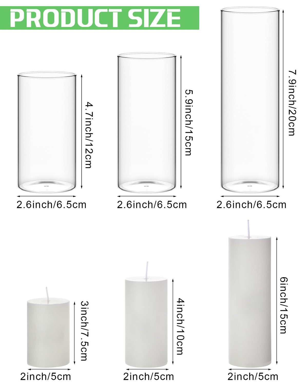 Shihanee Set of 36 Pillar Candles and Glass Cylinder Vases Clear Cylinder Holders for Slim Pillar Candles Wedding Centerpieces(2.6'' X 4.7'', 5.9'', 7.9'',White)