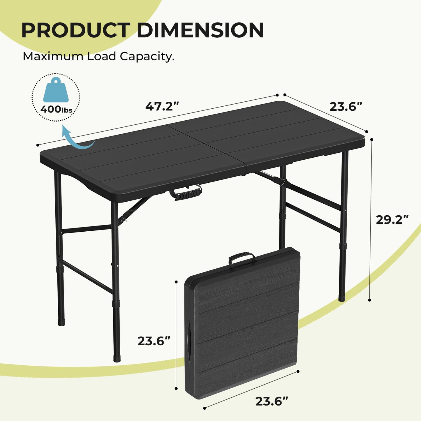 RootRise 4Ft Folding Table Portable Folding Tables Heavy Duty 400 lbs Capacity, Wood Grain Tabletop for Working Meeting Parties, Picnic, Camping, Weddings, Garden Dining-Black (4FT)