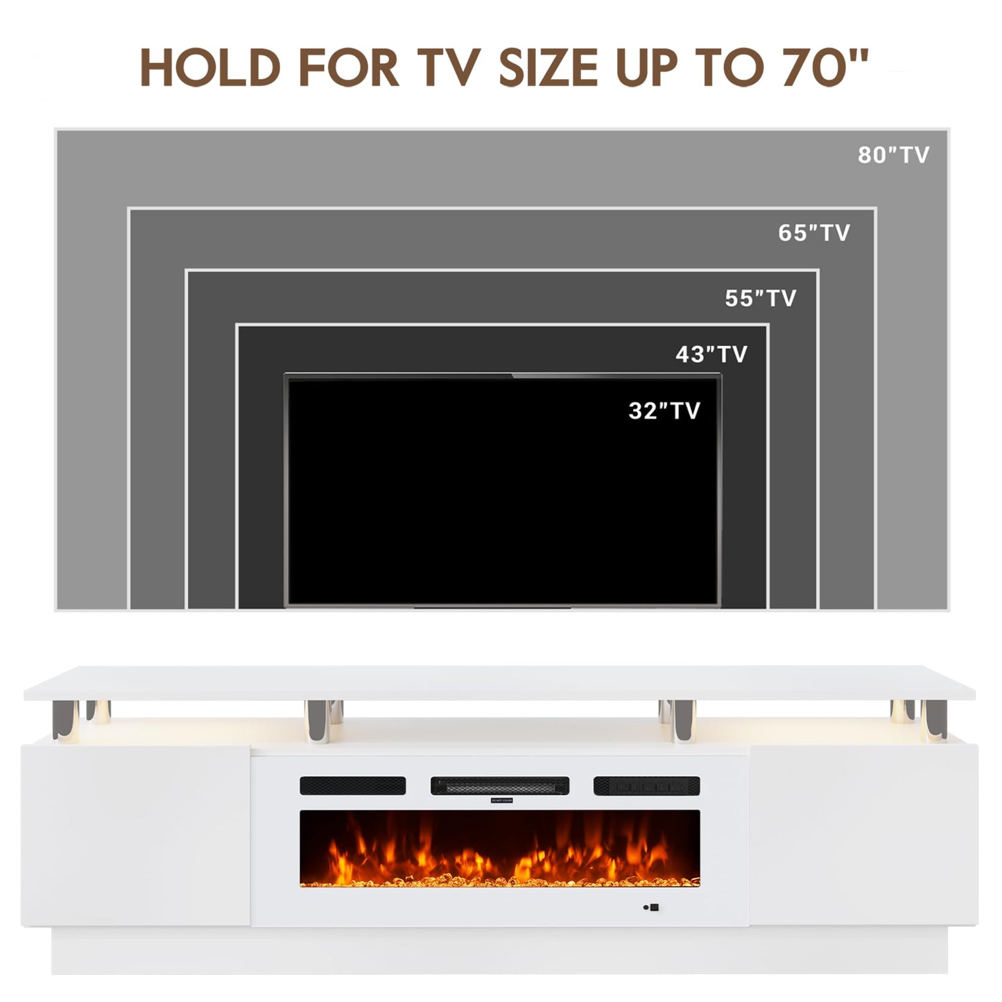OneBlis 70" Fireplace TV Stand for TVs UP to 80", Electric Fireplace Entertainment Center with LED Lights & Storage Cabinets, TV Console for Living Room, Office, White-White