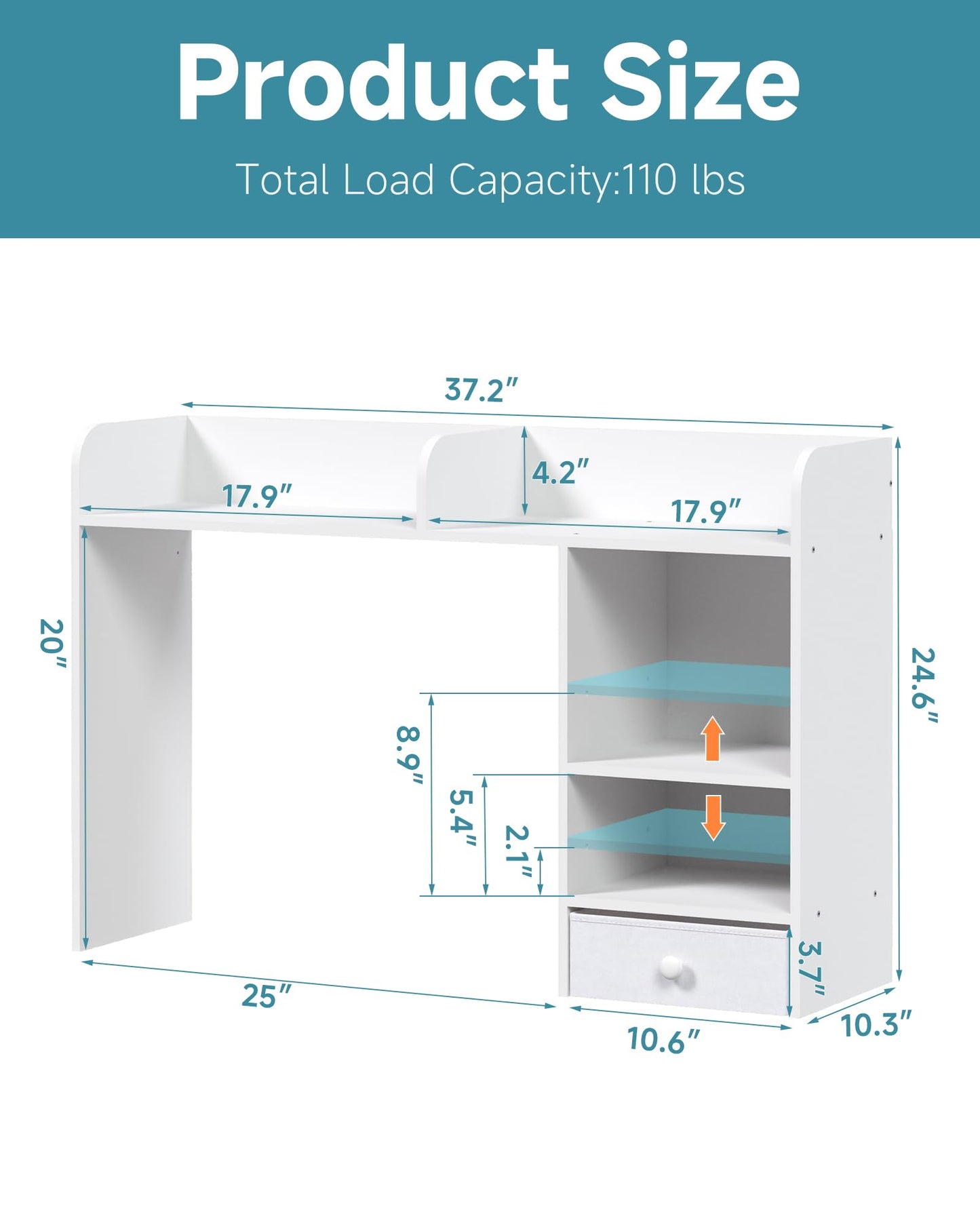 LAND·VOI Desktop Bookshelf with Drawer, Desk Hutch with 4 Storage Shelves for Computer Desk, Desk Shelf for Home Office Dorm, Dressing Tabletop, Bar Countertop, White