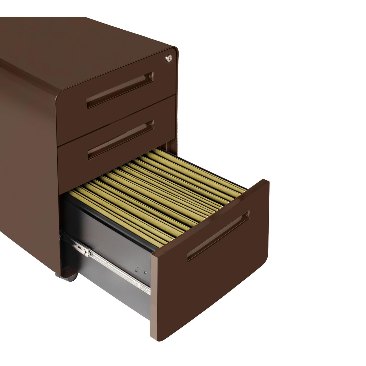 Laura Davidson Furniture Stockpile 3 Drawer File Cabinet with Lock - Under Office Desk Metal Filing Cabinet, Legal/Letter File Folders, Wheels and Stationary Feet, Pre-Assembled, Dark Brown