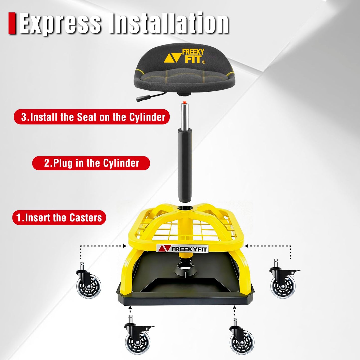 FreekyFit Rolling Shop Stool with Wheels, Garage Work Mechanic Stool with Backrest, Roller Mechanic Chair, Adjustable Height, 360° Swivel, Tool Tray Storage, 330 LBS Capacity, Heavy Duty, Yellow