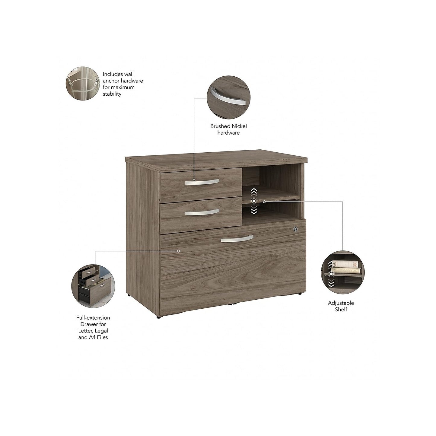 Bush Business Furniture Studio C Office Storage Cabinet with Drawers and Shelves in Modern Hickory, Organization for Home or Professional Workspace