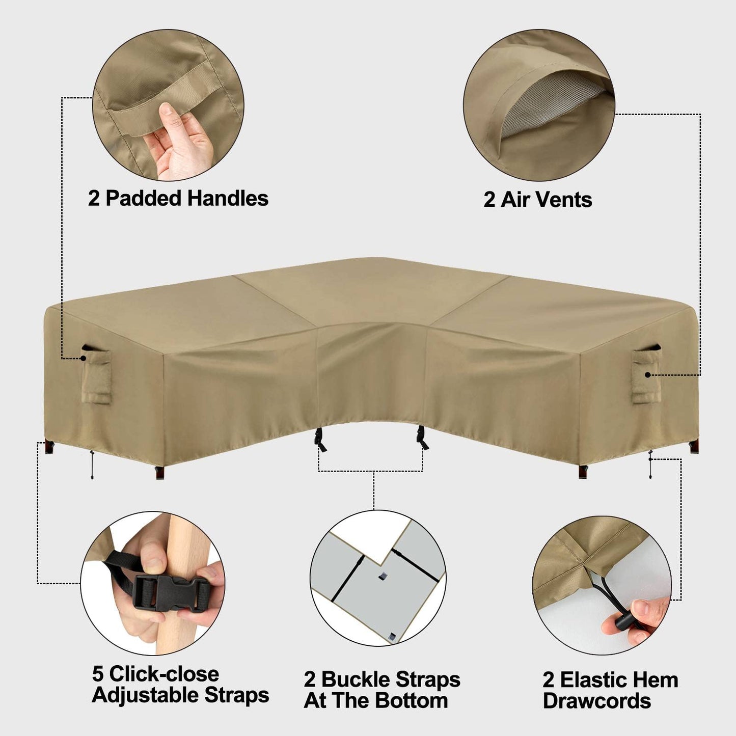 PureFit Outdoor Sectional Sofa Cover Waterproof V Shaped Patio Furniture Covers for Deck, Lawn and Backyard, 89”x89”, Camel