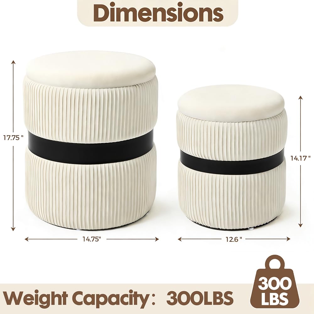 2BYF Velvet Round Ottoman Set of 2 with Storage, 12 Gallon Hidden Storage Ottoman, Multi-Functional Footrest Stool, Vanity Seat, Coffee Table, No Assembly Required, Holds 300lbs, (White)