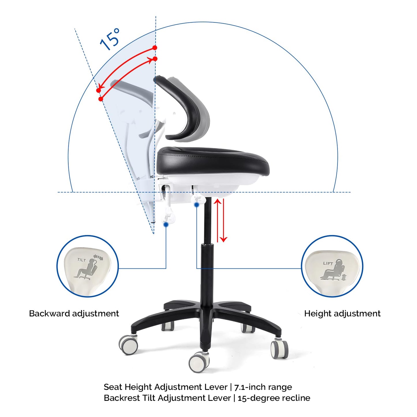 JMU Dental Stool, Adjustable Height Rolling Stool with Backrest, 350lbs Load Capacity Microfiber Leather, for Medical Clinic Lab Tattoo Salon, Black