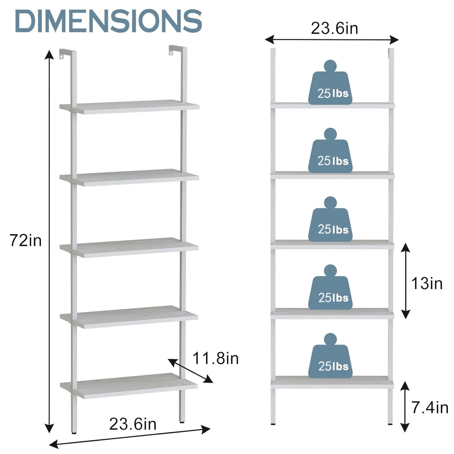 aboxoo Ladder Shelf White Wooden Bookshelf 5-Tier Wall-Mounted Open Wood Rack Industrial Modern Plant Flower Stand Utility Organizer Bookcase Metal Frame Furniture Office Kitchen Bedroom