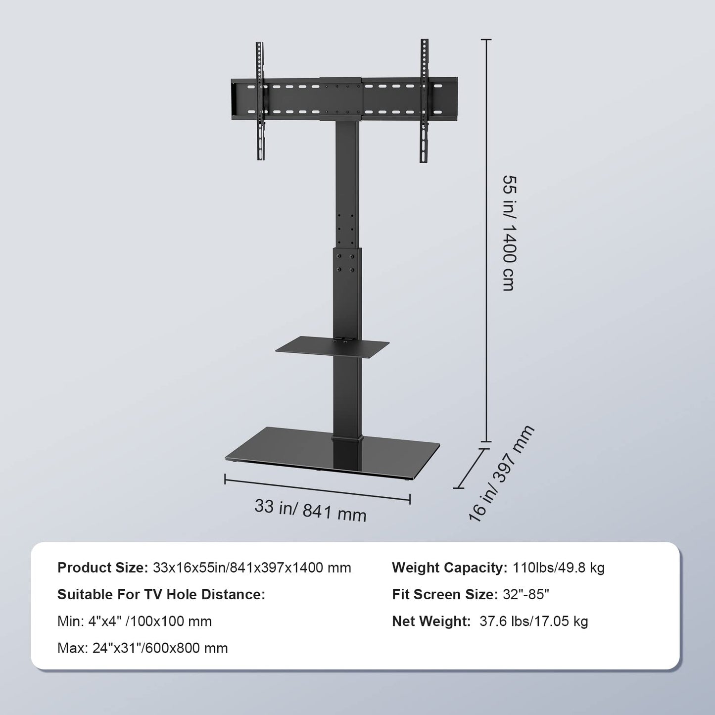 VEVOR Swivel TV Stand Mount, Adjustable Floor Stand for 32-85 Inch TVs, Holds Up to 110lbs, Height Adjustable with Tempered Glass Base, Max VESA 400x800mm for Living Room or Bedroom