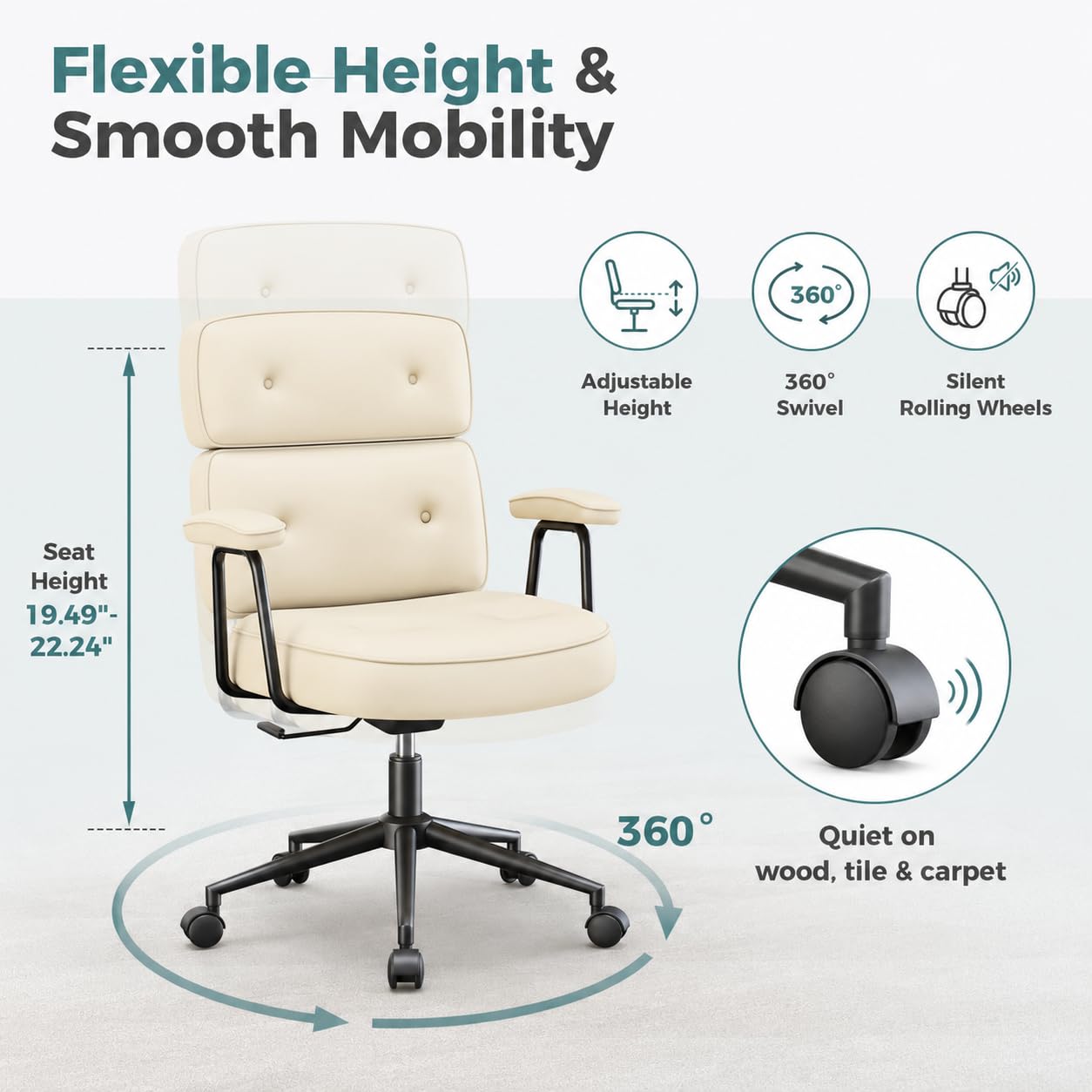 Ergonomic Home Office Desk Chair, PU Leather Computer Chair with Lumbar Support, Adjustable Height, 360° Swivel Rolling Wheels, Executive Task Chair for Office, Gaming, Meeting Room, Beige