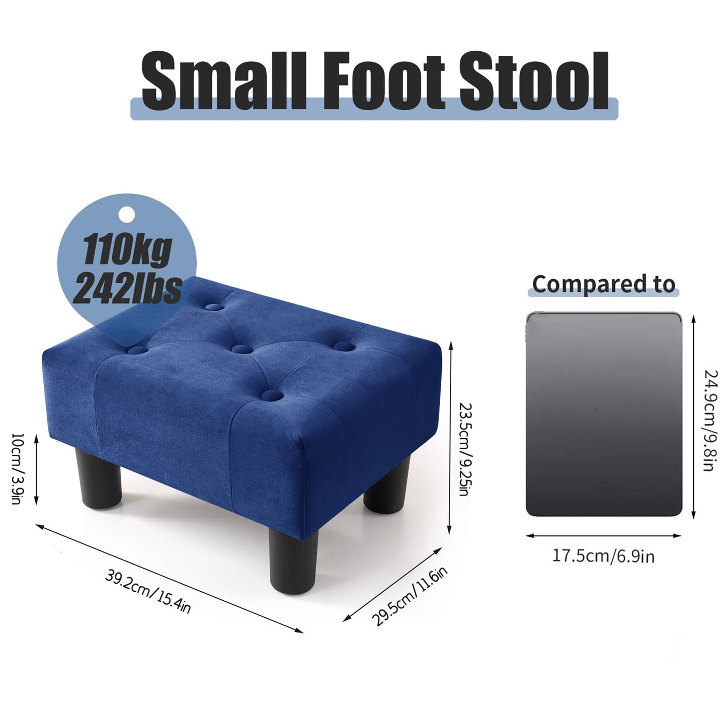 BRIAN & DANY Small Foot Stool, Velvet Foot Stools with Legs, Stable Small Footstool for Living Room, Blue
