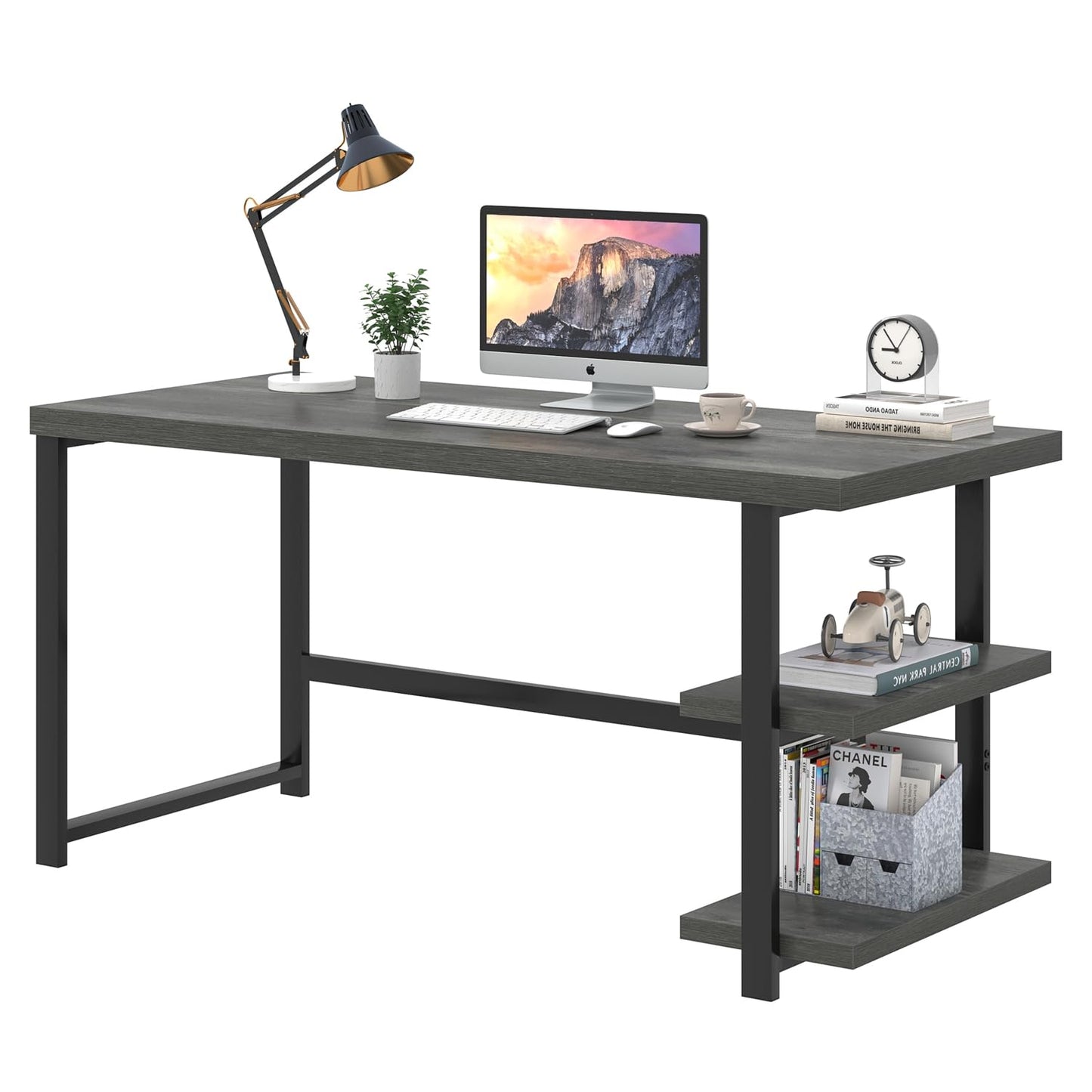 EXCEFUR Industrial Computer Desk, Home Office Desk with Storage Shelves, Wood Study Writing Table for Bedroom, Living Room, Grey, 53 Inch
