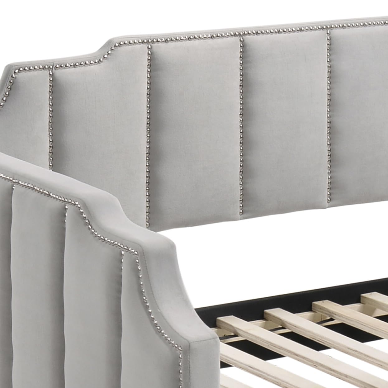 KOYVRY Twin Daybed with Trundle - Upholstered Twin Daybed with Horizontal Tufting and Nailhead Trim, Velvet Daybed with Arched Frame and 28 Wooden Slats, Twin Day Beds for Adults, Gray