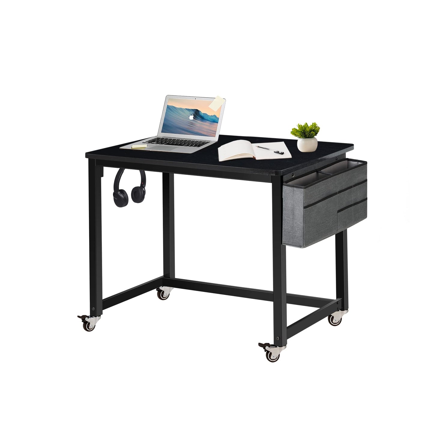 AHB Rolling Computer Desk with 4 Smooth Wheels, Simple Style Mobile Writing Desk Home Office Study Table Movable Workstation with Metal Frame (Black, 32")