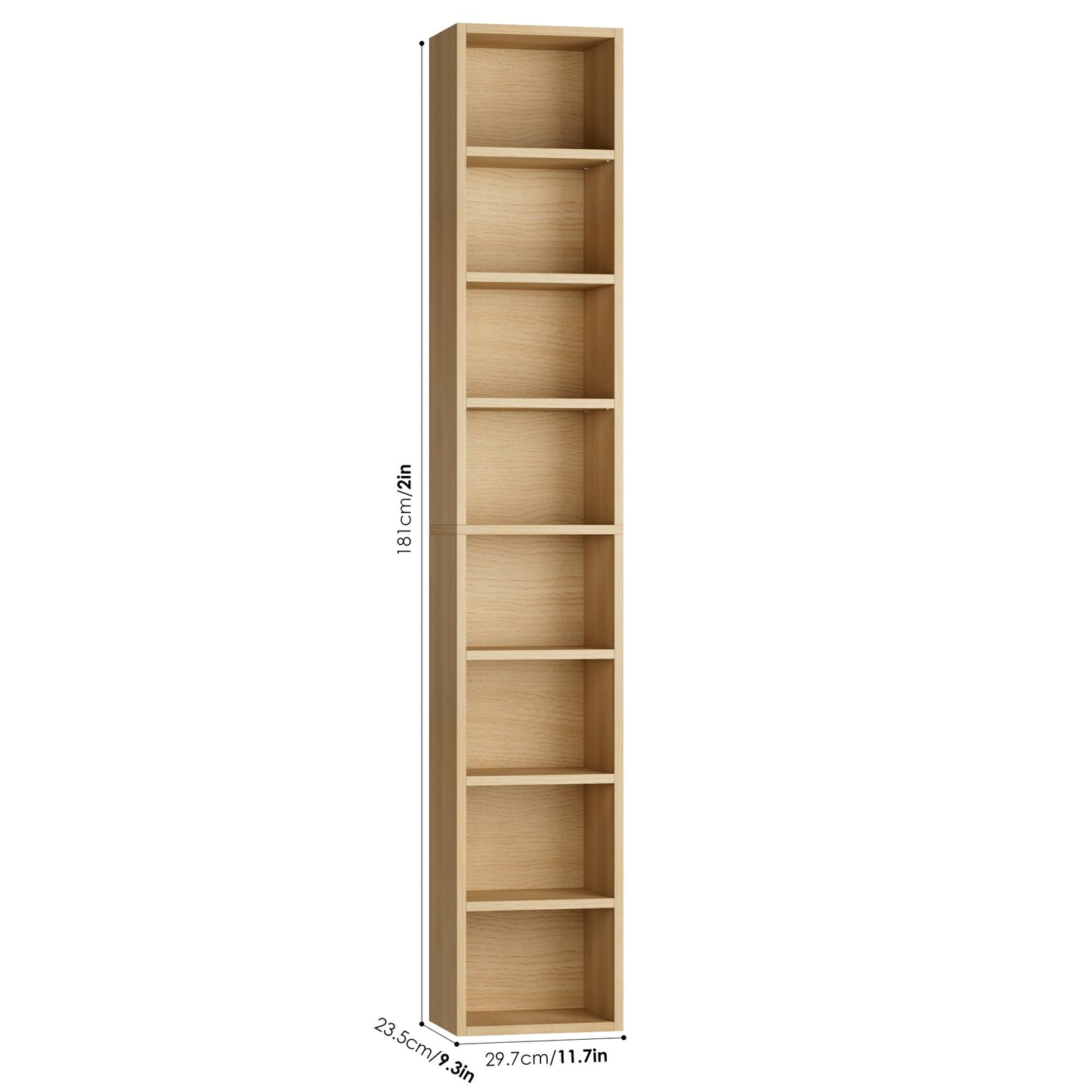 FOTOSOK 8-Tier Media Tower Rack, 11.6 X 9.3 X 71 Inches CD DVD Slim Storage Cabinet with Adjustable Shelves, Tall Narrow Bookcase Display Bookshelf for Home Office, Natural