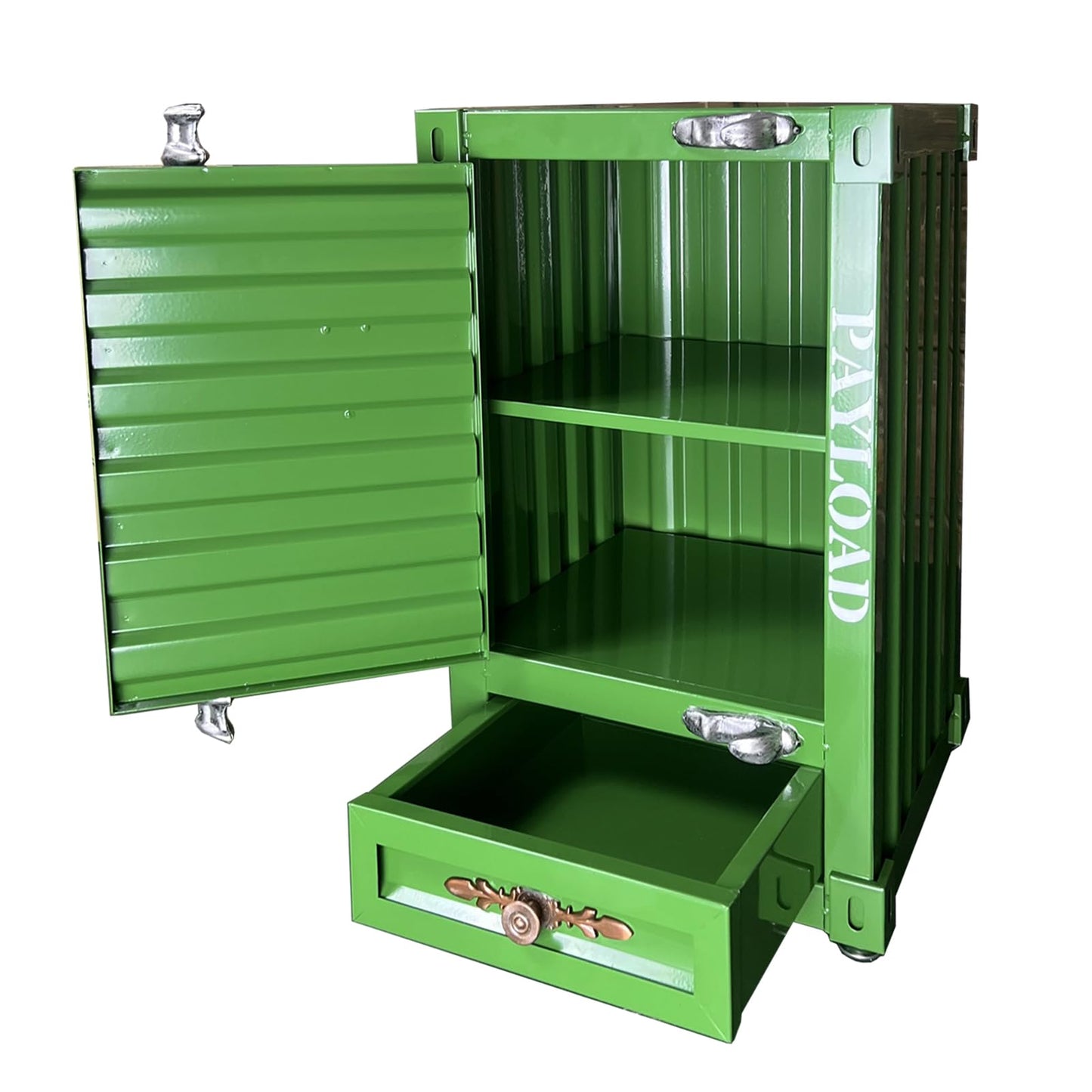 Runeqxar Industrial Shipping Container Nightstand - 20 Inch 3-Tier Iron Bedside Table with Drawer, Handcrafted Rustic Distressed Metal End Table for Bedroom, Bar, Garage (Green)