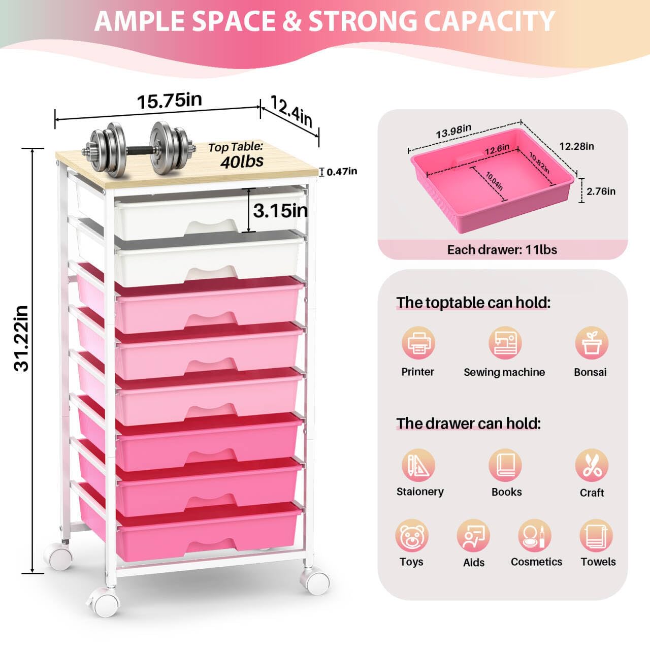 Goovilla Rolling Cart with Drawers, Utility Cart Organizer With 8 Removable Drawers and Wooden Tabletop, Lockable Rolling Storage Organizer for Art, Classroom, Home, Dorm, Office, Craft Storage, Pink