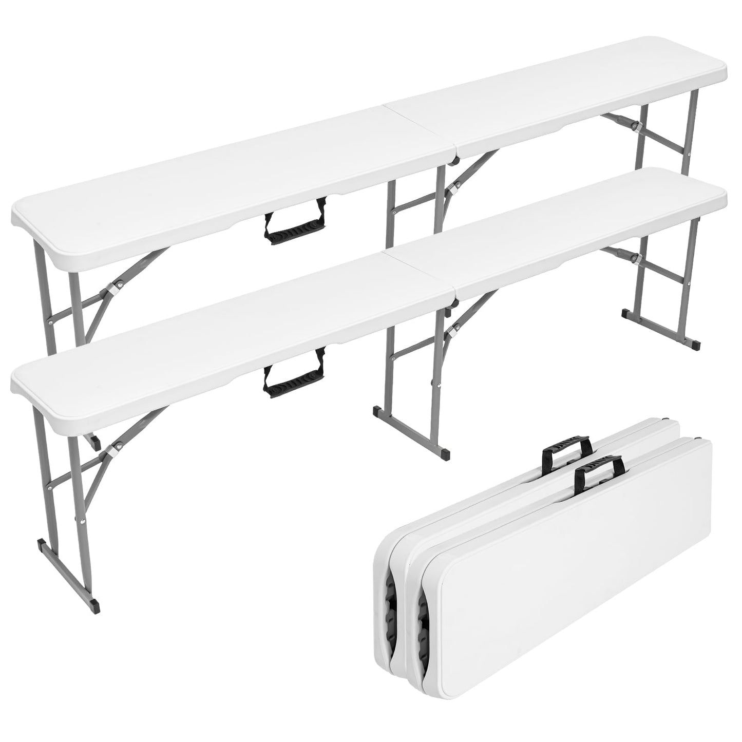 CHRONELLE 6FT Folding Outdoor Bench (2 Pack), Heavy Duty Portable Plastic Bench for Dining Table, Patio, Garden & Soccer Sideline, White Foldable Seat for Adults, Easy to Store & Carry