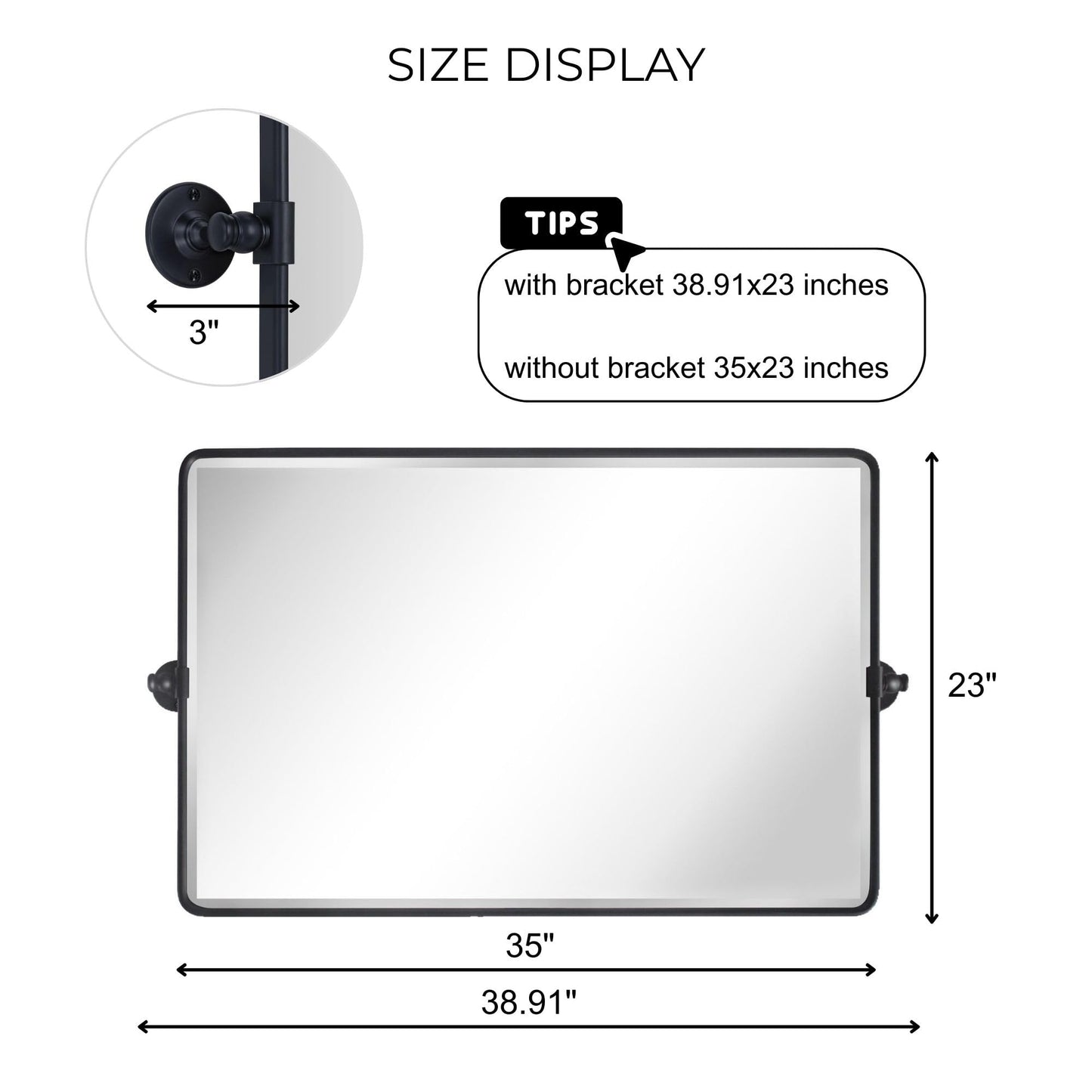 TEHOME Horizontal Pivot Bathroom Mirror Tilting Black Metal Framed Pivot Rectangle Rounded Rectangluar Tilting Beveled Vanity Mirrors for Wall, Overall 38.91 x 23 inches (Mirrror 35 x 23 inches)