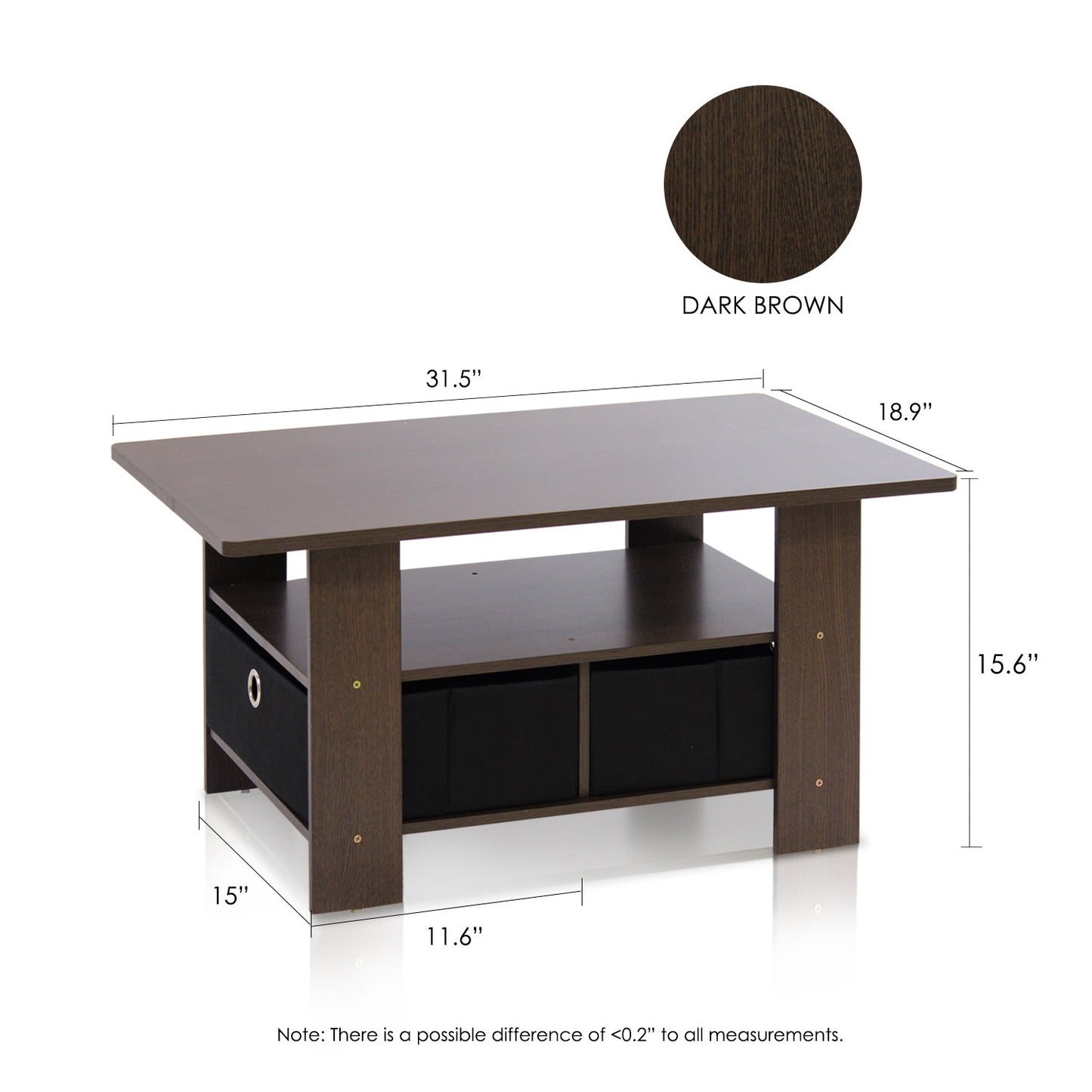 Furinno Andrey Coffee Table, Small Modern Center Table with Storage and Bin Drawer, Side Table for Living Room, Bedroom, Home Office, Dark Brown
