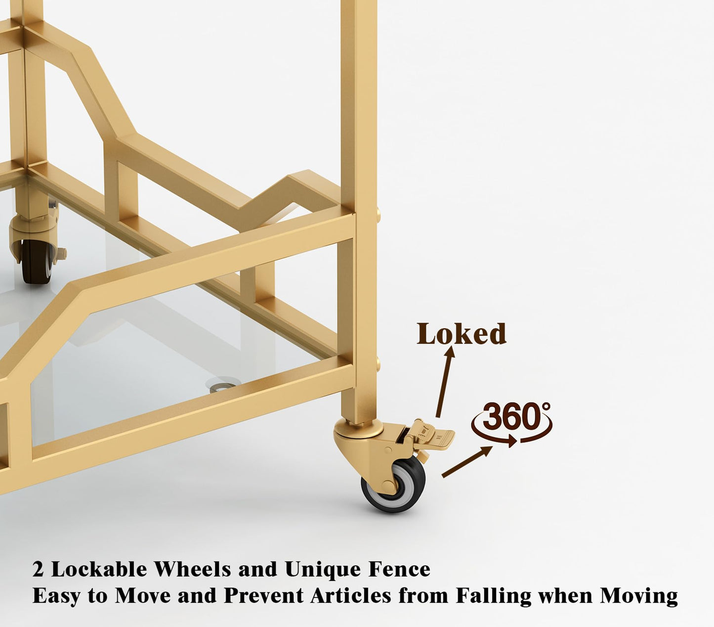 LORMITER Square Gold Bar Carts with 3 Tier Storage Glass Shelves Holder Home Serving Bar Carts on Wheels for Kitchen, Bar, Dinning Room