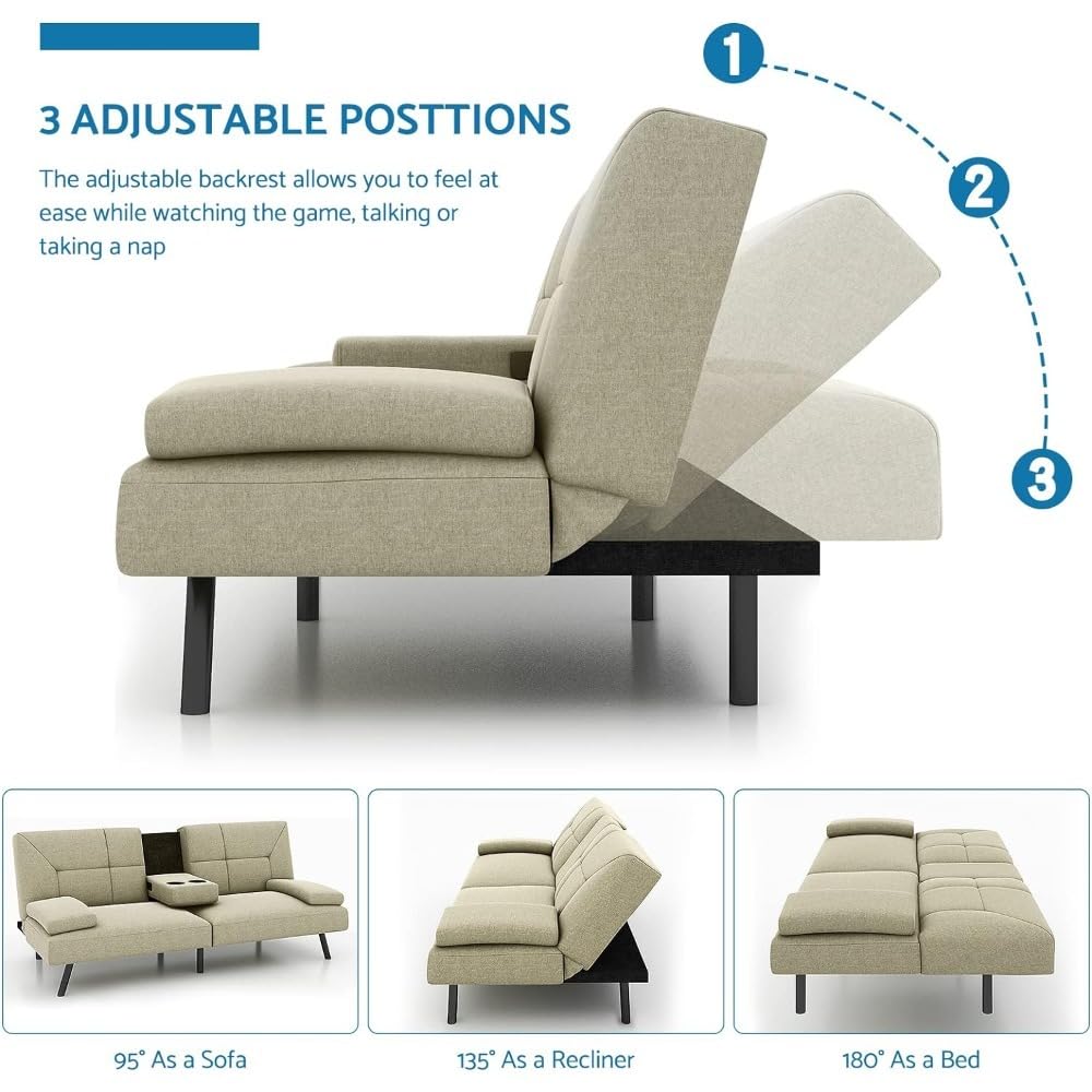 Convertible Linen Fabric Lounge Couch with Cup Holders