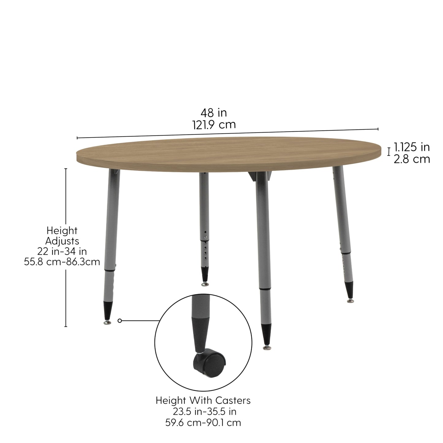 Adapte Commercial Classroom Activity Table - 48" Round Woodgrain, ADA Compliant Tapered Legs with Glides & Casters, Adjustable Height 22-34"; Wheelchair Accessible, School & Office Furniture
