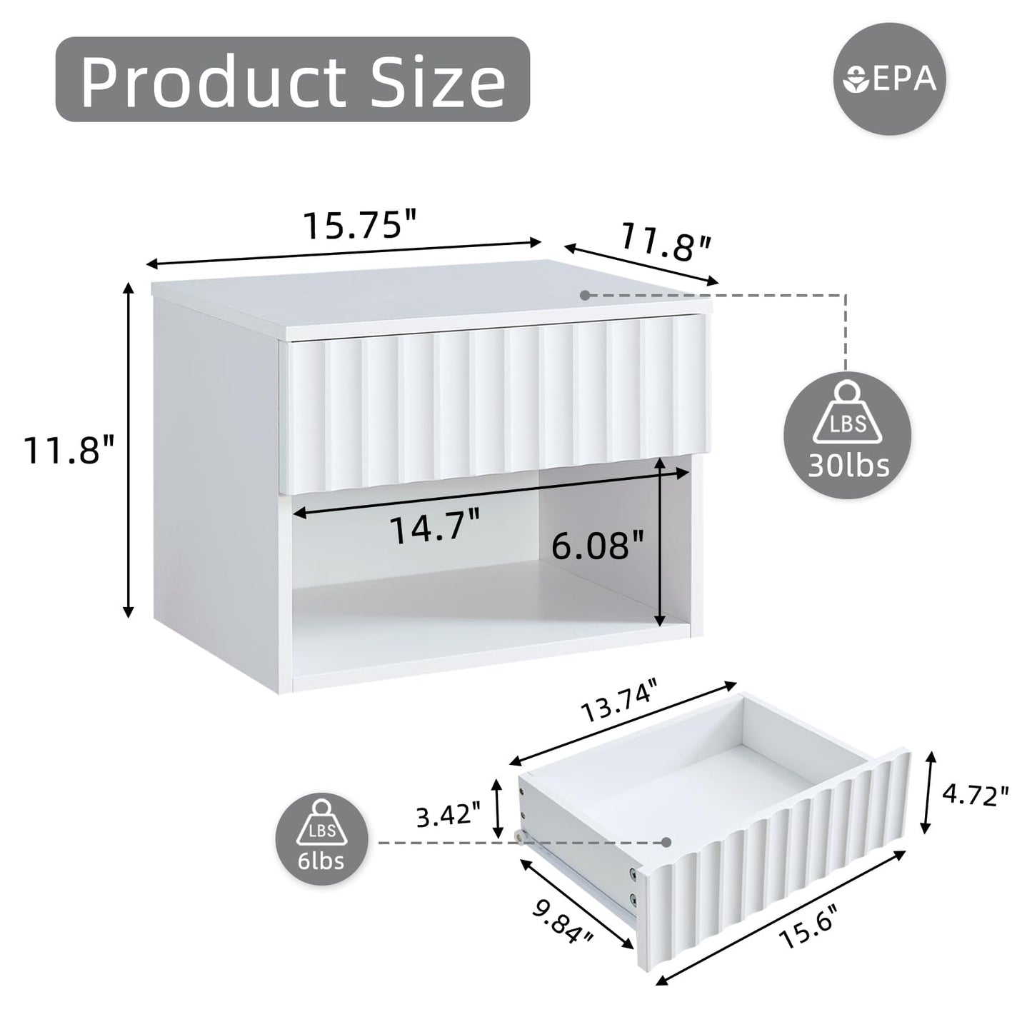 BuildHom Floating Nightstand with Fluted Drawer - Modern Wall Mounted Bedside Table with Open Storage Shelf, Small Night Stand TV Stand for Bedroom(Matte White)