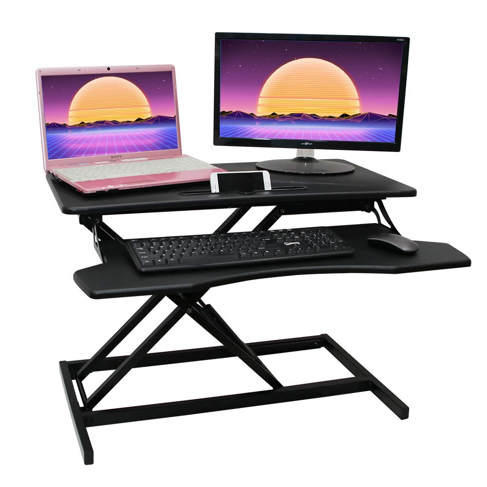 NEWPUTE Standing Desk Converter 32 Inch - Height Adjustable Desk Riser with Keyboard Tray, Wide Sit Stand Workstation for 2 Monitors for Office & Home, Black
