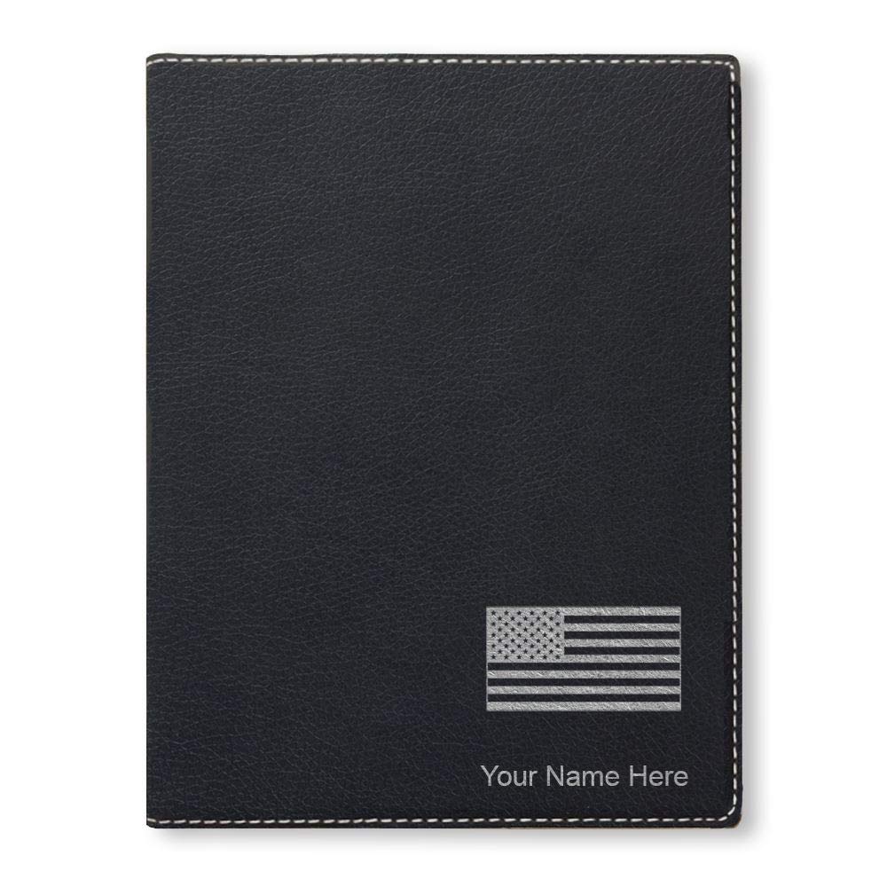 Small 7" X 9" Portfolio Notepad, Flag of the United States, Personalized Engraving Included (Black with Silver)