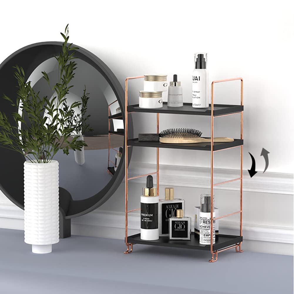 Plastic/Metal Freestanding Stackable Organizer Shelf,Bathroom Countertop Storage Shelf Cosmetic Organizer Holder Kitchen Spice Rack,3-Tier Standing Rack (Rose Gold@Black)