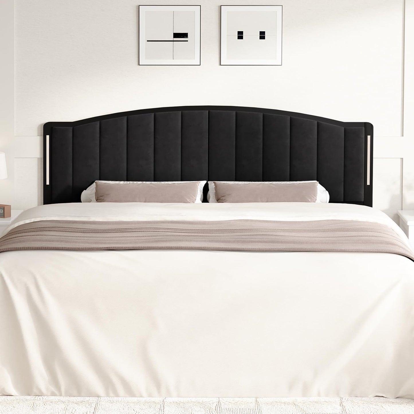 Salamir Headboard for Queen Size Bed with LED Lights, Upholstered Vertical Channel Tufting Head Boards, Velvet Headboard Only, Attach Frame, Ideal for Bedroom, Dorm, Guest Room, Black
