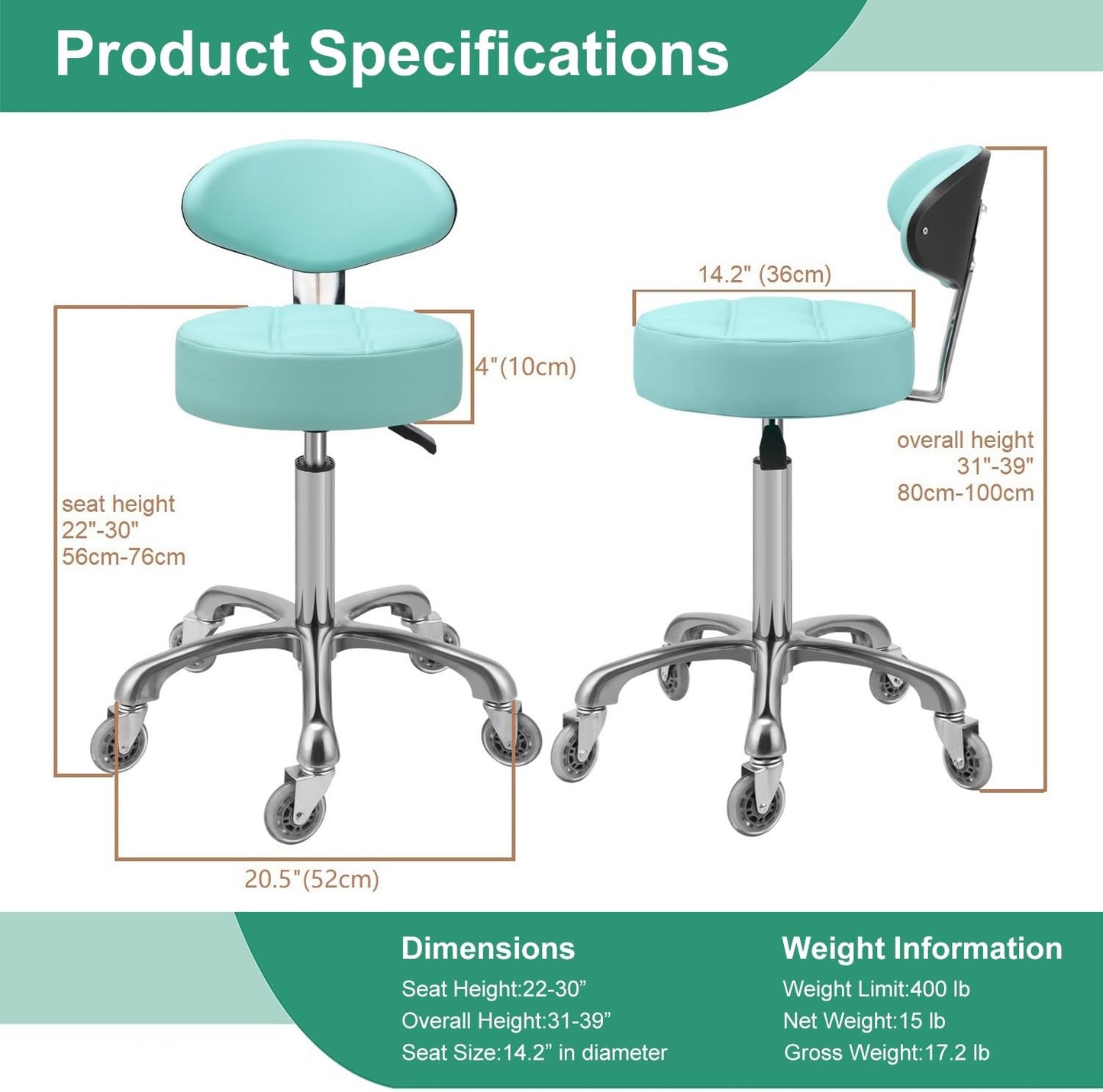Kaleurrier Rolling Stool with Back Support: Adjustable Height 22-30 inches for Nail Lash Tech Stylist - Heavy Duty Stool Chair with Wheels for Salon Shop Office Kitchen Garage Workshop