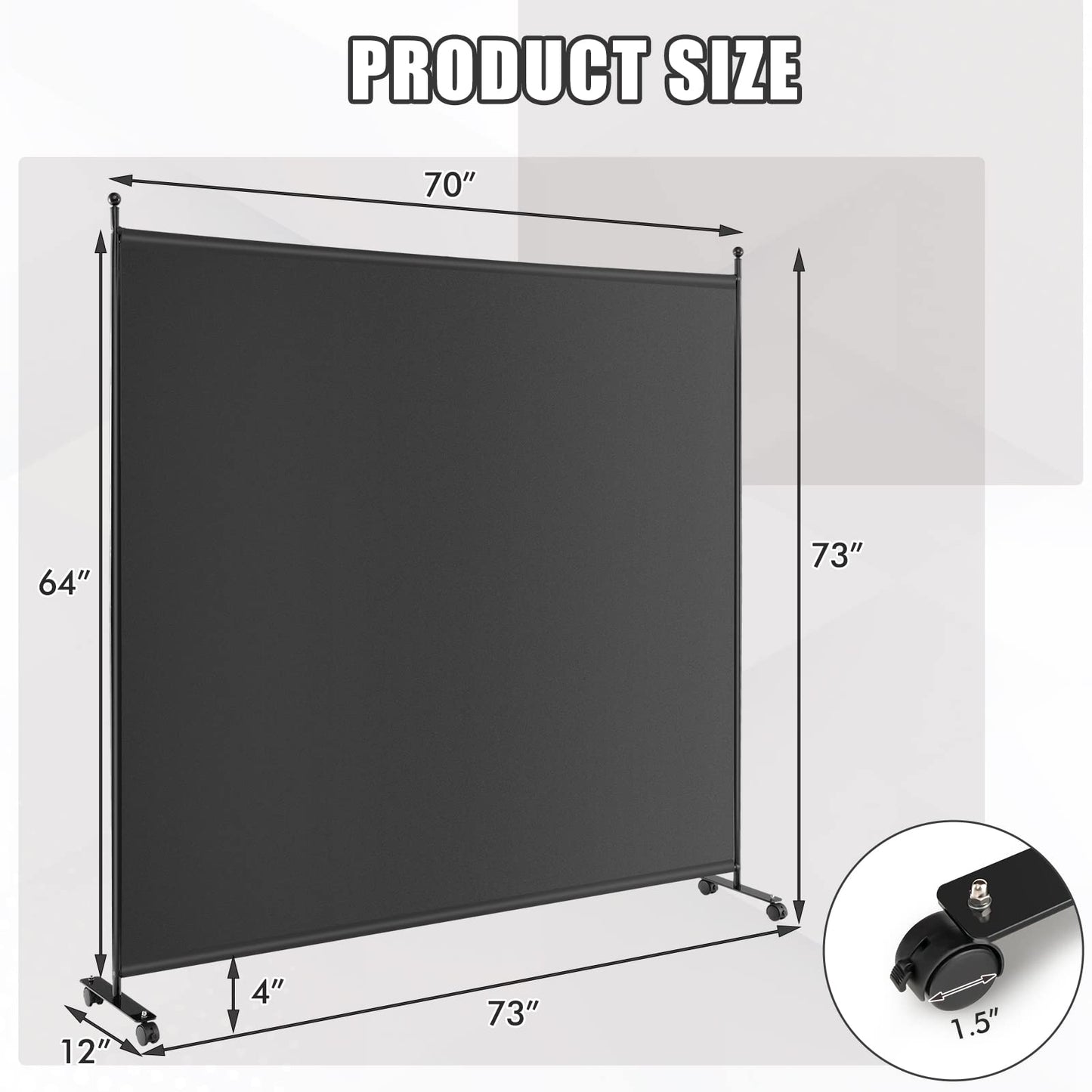 GOFLAME 6FT Single Panel Room Divider, Wide Rolling Privacy Screen with Lockable Wheels, Portable Room Partition Screen, Freestanding Wall Divider and Separator for Home Office, Black