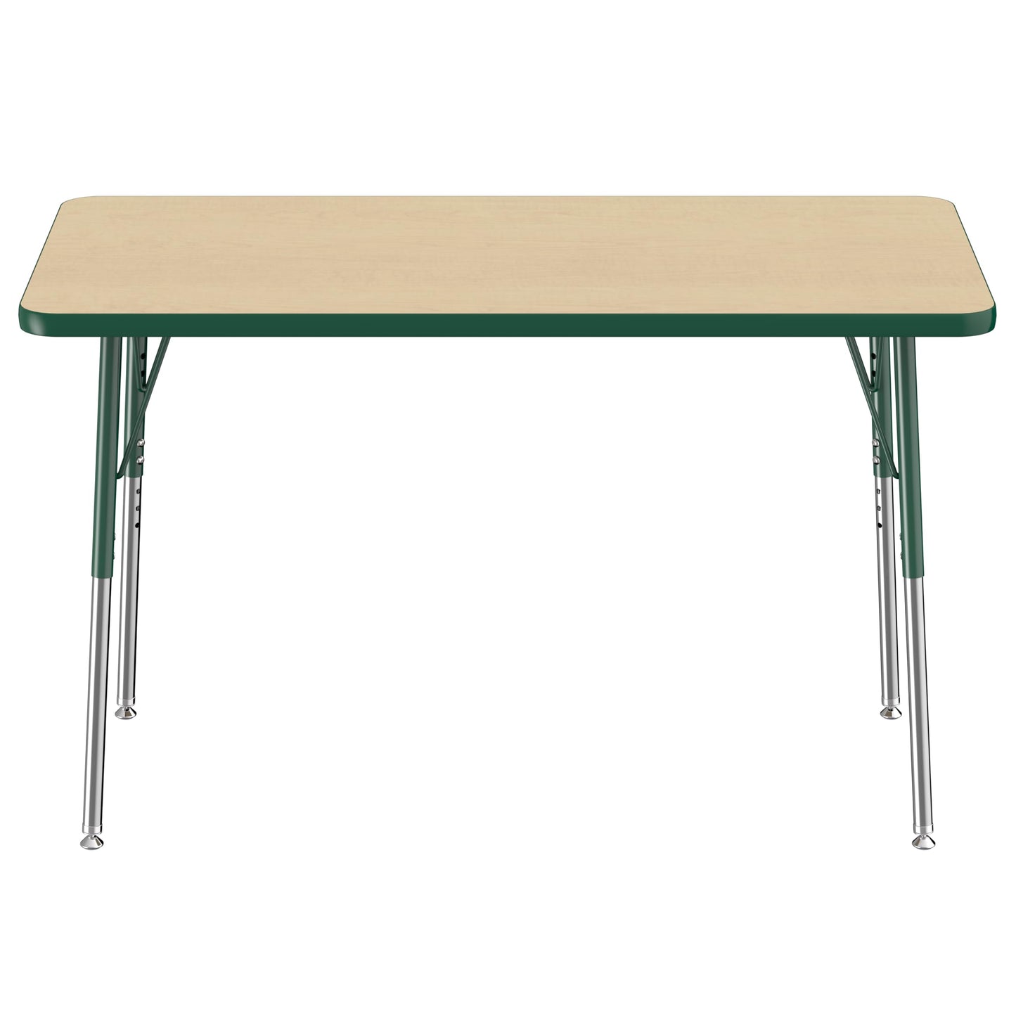 FDP Rectangle Activity School and Office Table (24 x 48 inch), Standard Legs with Swivel Glides, Adjustable Height 19-30 inches - Maple Top and Green Edge