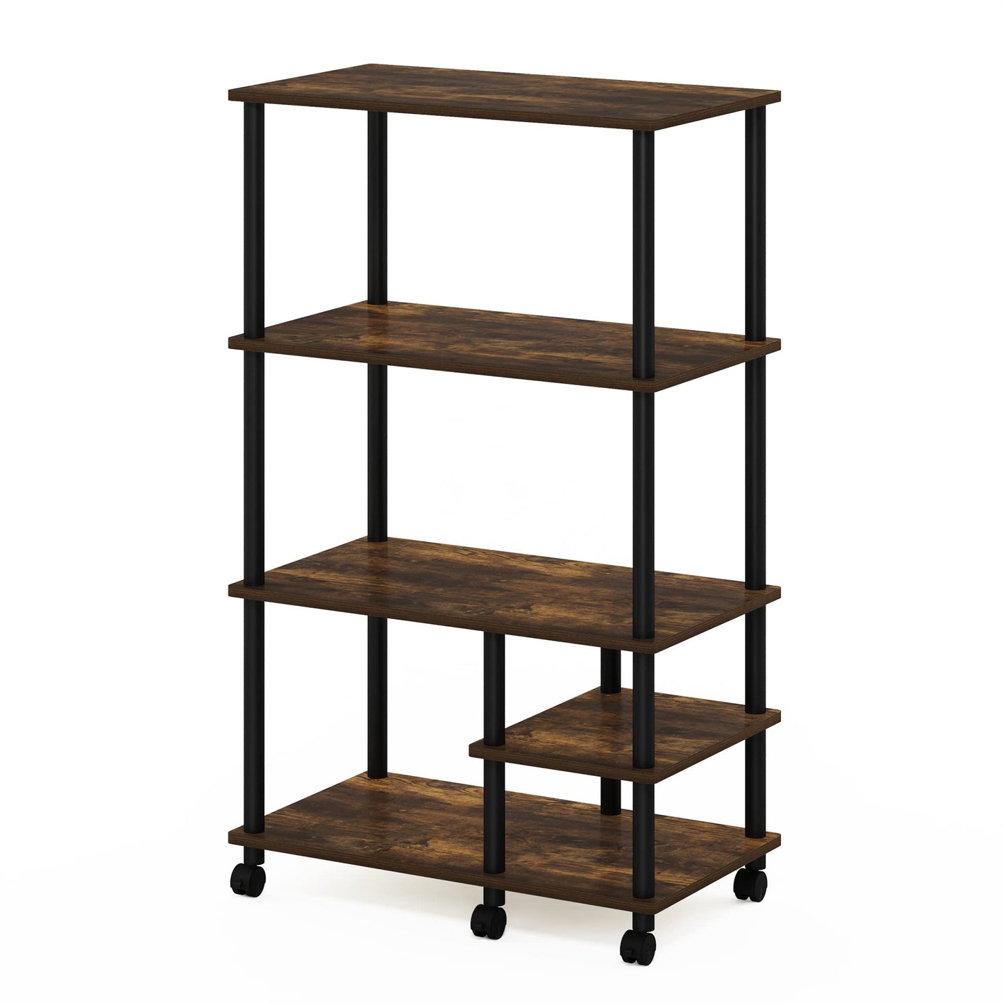 Furinno Turn-N-Tube Toolless Assembly 4-Tier Rustic Brown Printer Stand with Storage Shelf and Casters, Open Frame Standing Shelf, for CPU, Office Supplies, Home Office, Amber Oak