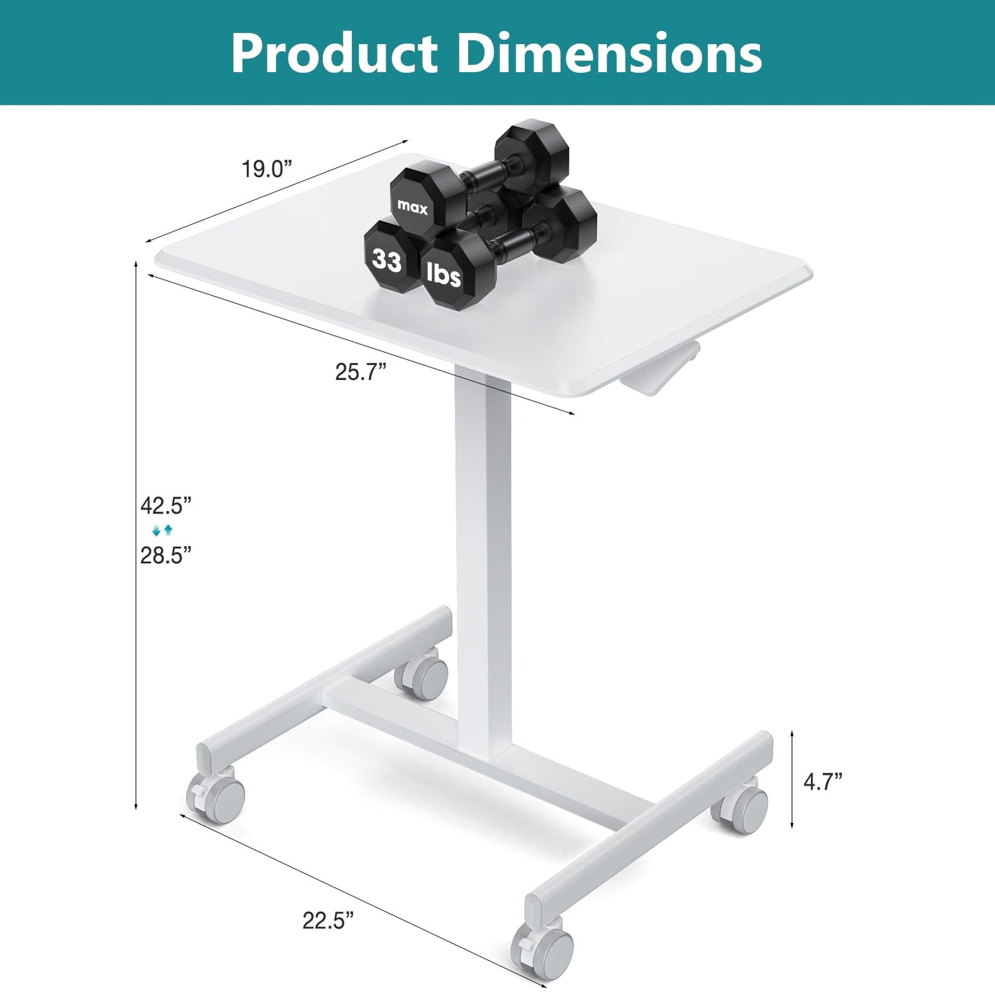 OLIXIS Small Standing Desk with Locking Wheels, Mobile Portable Rolling Laptop PC Table, Adjustable Height Computer Workstation for Home Office, 19 Inch, White