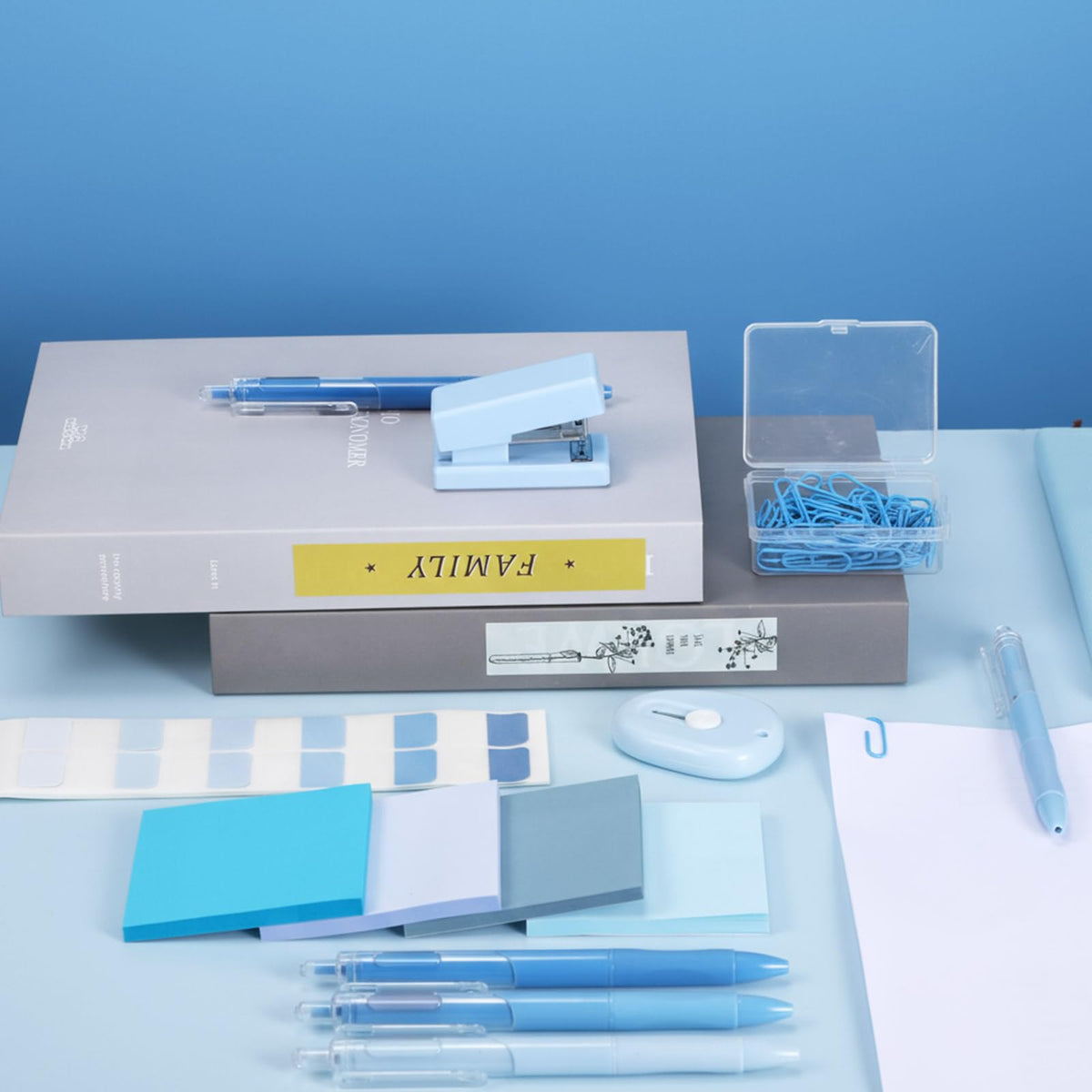 Humyoun Mini Blue Office Supplies Kit Blue School Supplies Christmas Gift Desk Accessories with Gel Pens Sticky Notes Stapler Scissor Paper Clips Index Tabs Box Cutter for Christmas Gifts Office