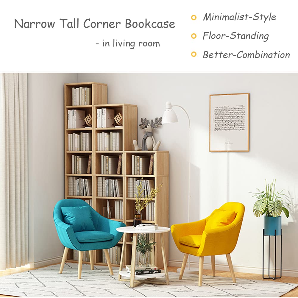 IOTXY Small Narrow Corner Bookcase - 47 Inches Tall Gap Freestanding Storage Cabinet, 4 Lattices Open Shelves Tower Rack with Door, Cubes Bookshelf in White