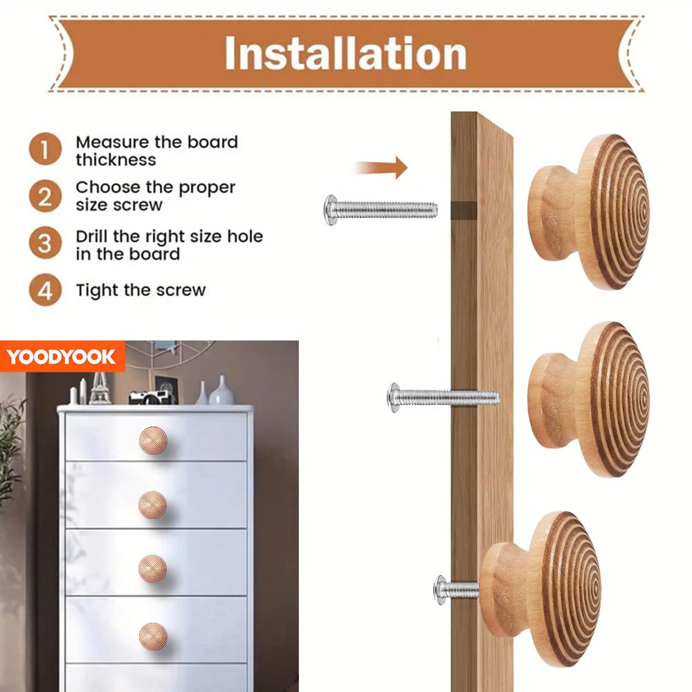 YOODYOOK 4 Pack Wooden Drawer Knobs - Handmade Cabinet Knobs with Easy Installation for Kitchen Cabinets & Dresser Drawers, Boho Unique Wood Knobs for Home & Office Furniture Decor
