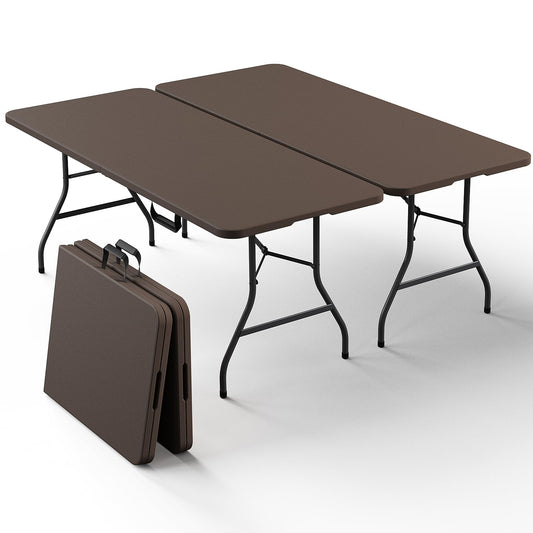 2 Pack Folding Table 6ft - Heavy Duty Plastic Table with Handle, Foldable & Portable, Fold-in-Half Utility Tables for Outdoor, Dining, Wedding, Events, Indoor, Picnic, Camping, Party (Brown)