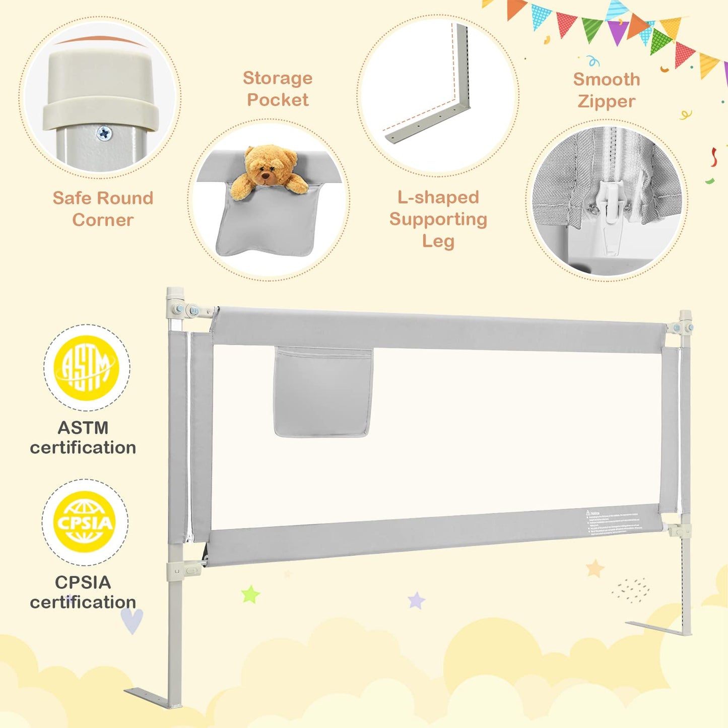 HONEY JOY Bed Rail for Toddlers, 77-in Extra Long, Portable Safety Bed Guardrail w/Side Pocket, Baby Bed Rail Guard, Fit King & Queen Full Twin Size Bed Mattress (77 INCH, Gray)