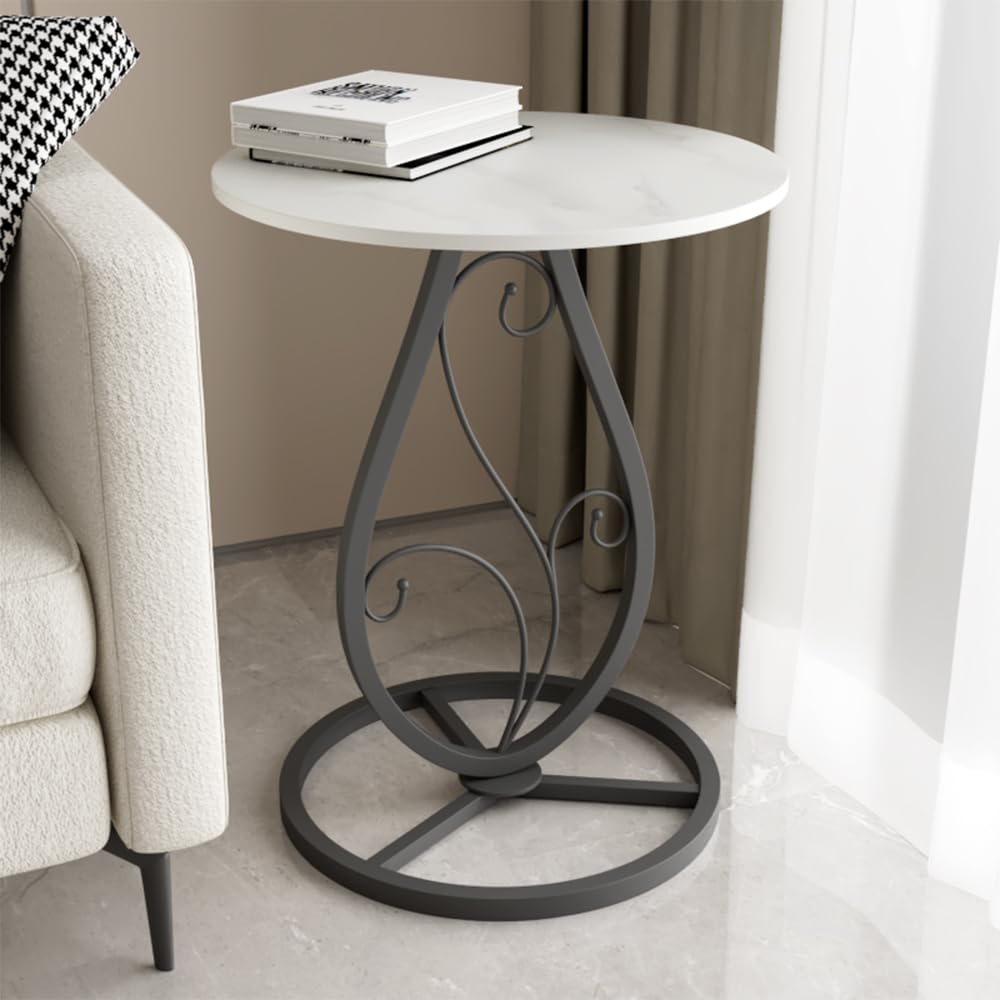 Round End Table Living Room, BOHO Small Side Table with Luxury Marble Top & Black Metal Base, Modern Coffee Accent Table, Bedside Nightstand for Bedroom, Sofa End Table for Couch Outdoor Patio (Black)