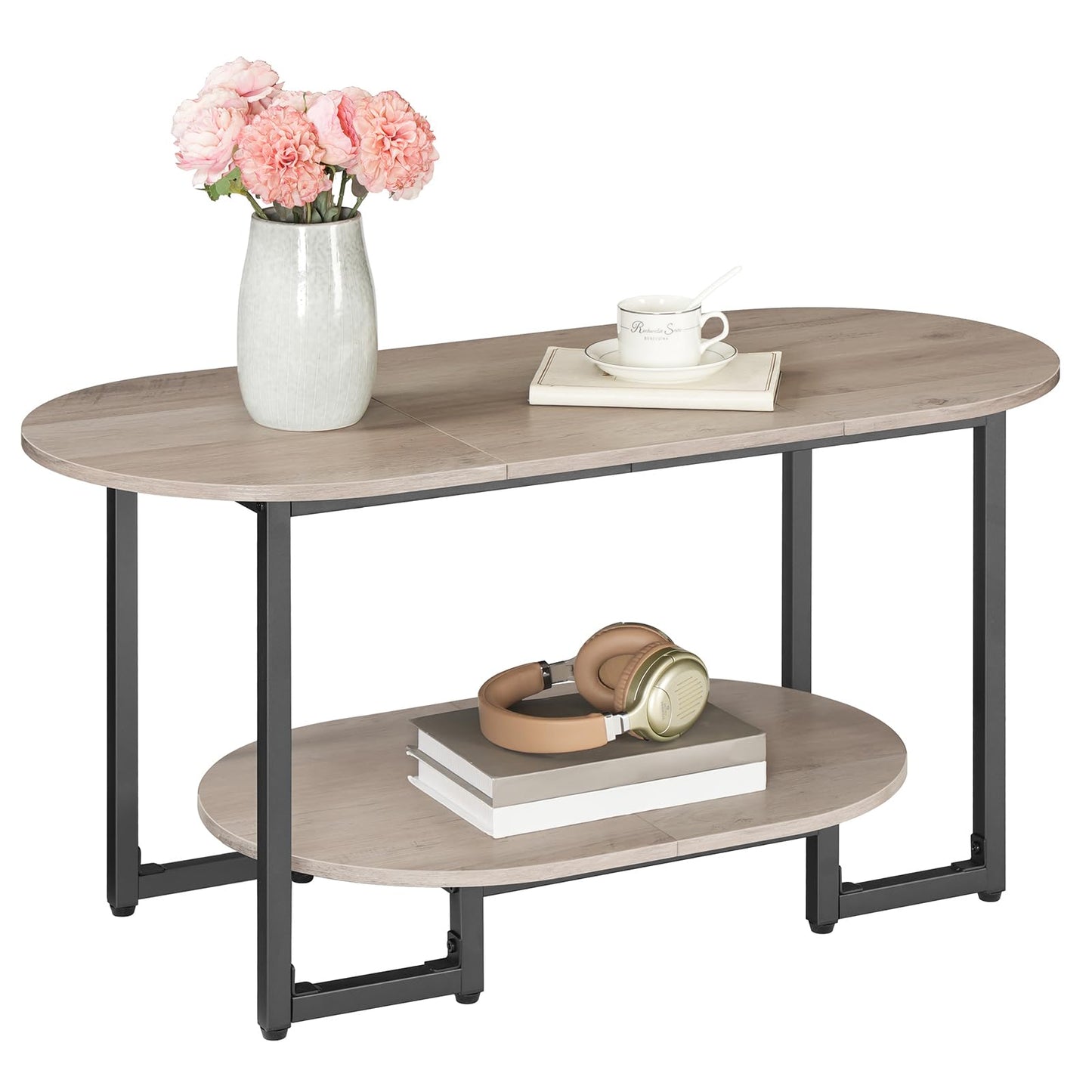 HOOBRO Coffee Table for Living Room, Oval Small Coffee Table with 2-Tier Open Storage Shelf, Industrial Cocktail Tea Table, Wooden Desktop Center Table, Farmhouse, Home Office, Greige BG09KF01