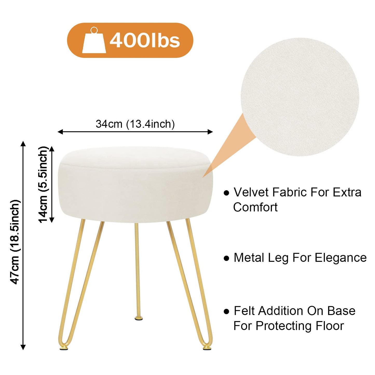 YOONIC Velvet Soft Modern Vanity Footstool -Round Footrest Stool Ottoman Side Table Seat Dressing with Golden Metal Leg and Sponge Filling,Upholstered Foot Rest,Living Room and Bedroom （Beige）