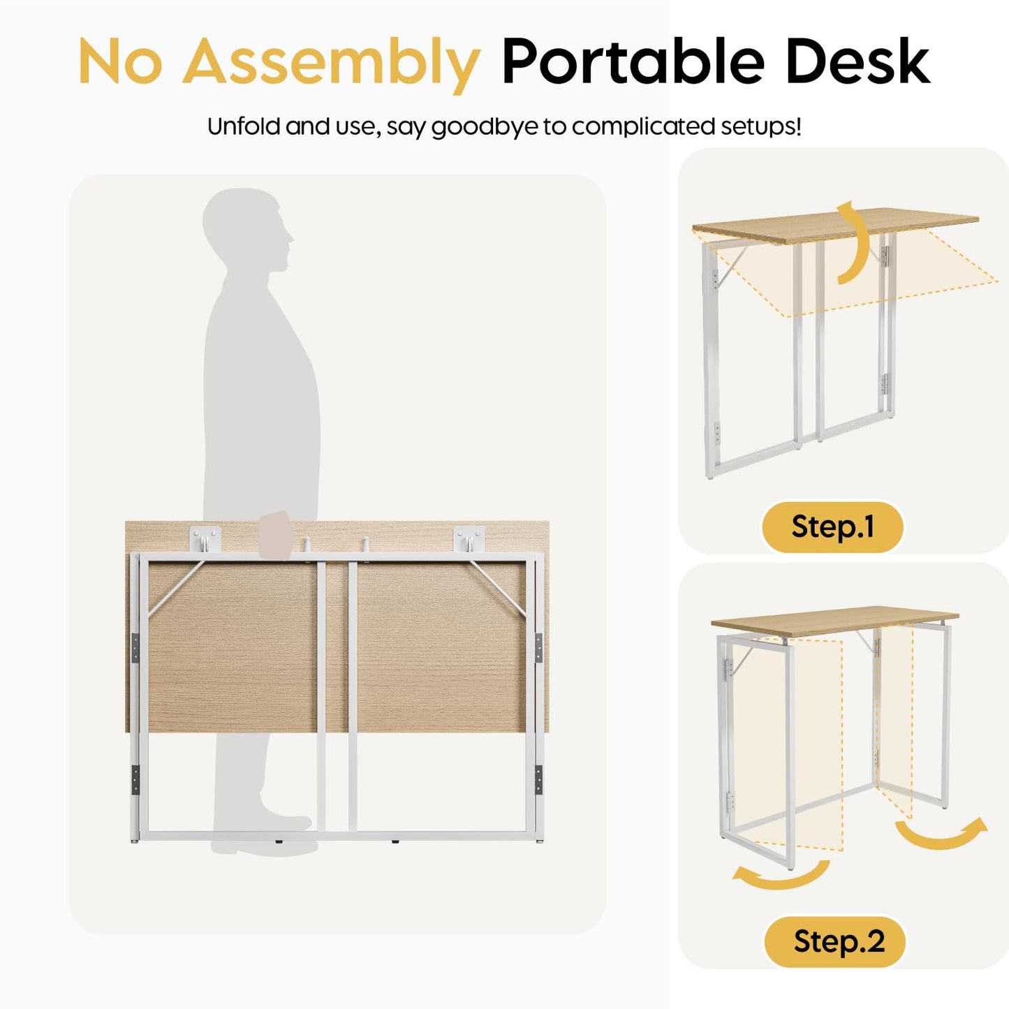 alawooder Folding Desk - 39.4” Wood Top Foldable Desk for Small Spaces | No Assembly Required Compact Desk for Home Office, Writing, and Study
