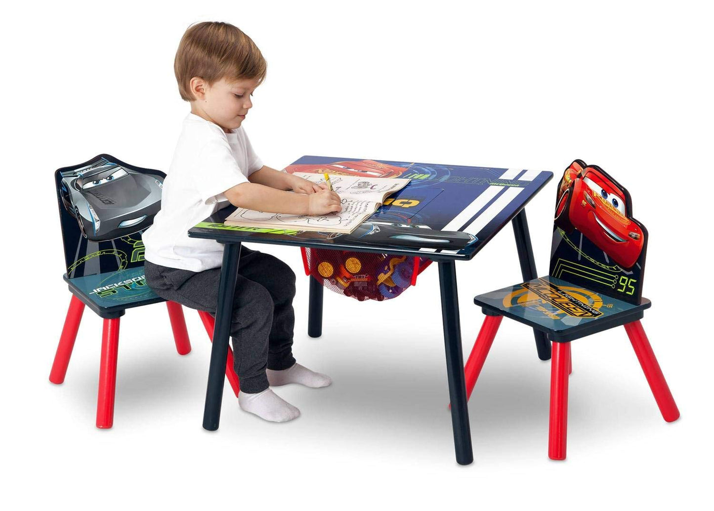 Delta Children Kids Table and Chair Set With Storage (2 Chairs Included) - Ideal for Arts & Crafts, Snack Time, Homework & More, Disney/Pixar Cars, 3 Piece Set & Plastic Toddler Bed, Disney/Pixar Cars