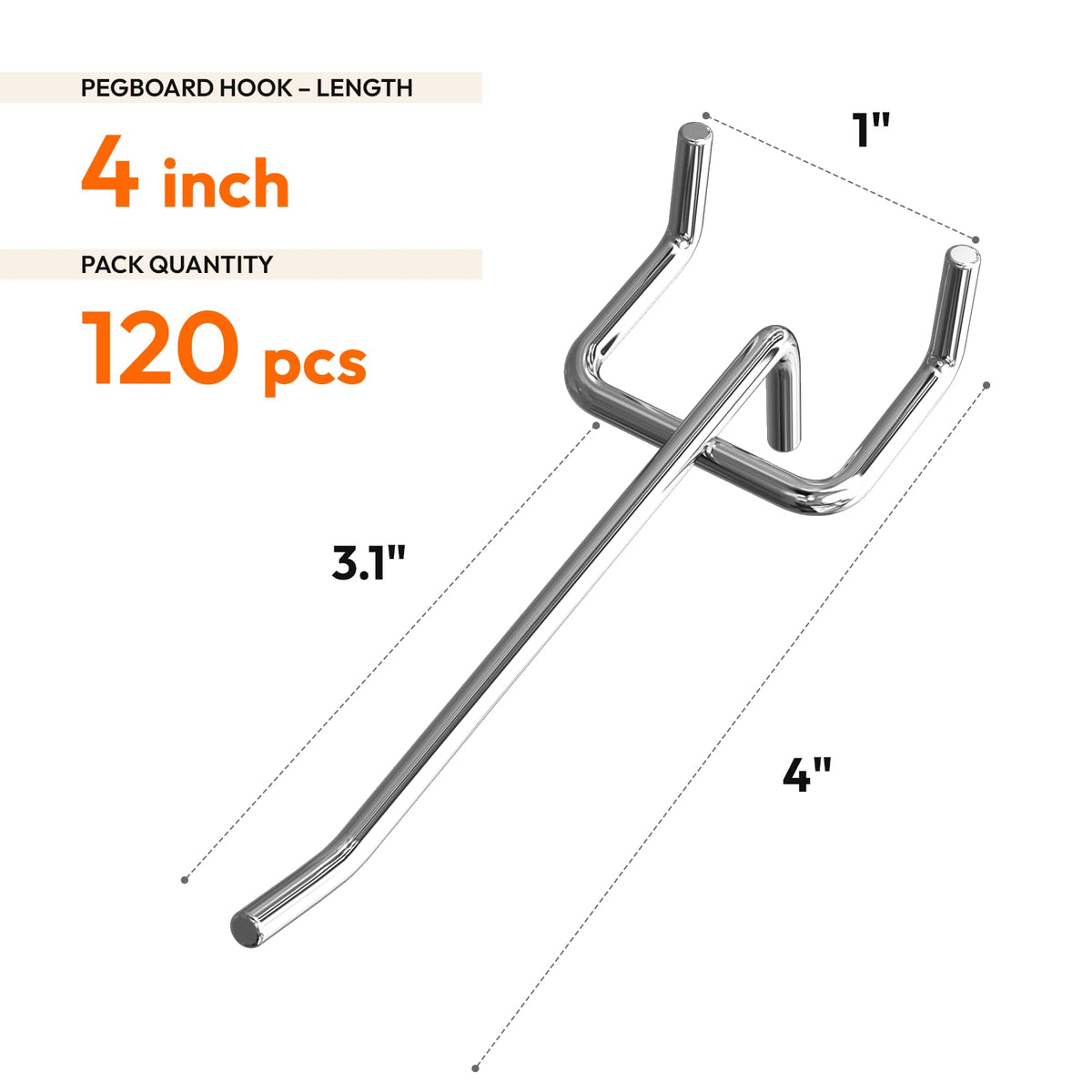 JEAWIWI 120 Pack 4 Inch Metal Pegboard Hooks, Fit 1/4 in and 1/8 in Peg Board Organizer Accessories, for Hanging Storage, Garages, Tool Sheds, Basements